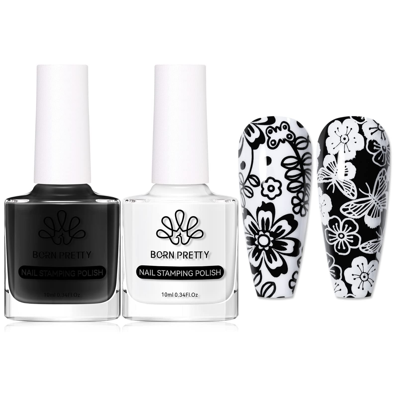Born Pretty Nail Art Stamping Pure White Black Manicuring Image Print Polish Varnish 15ML,2 Bottles