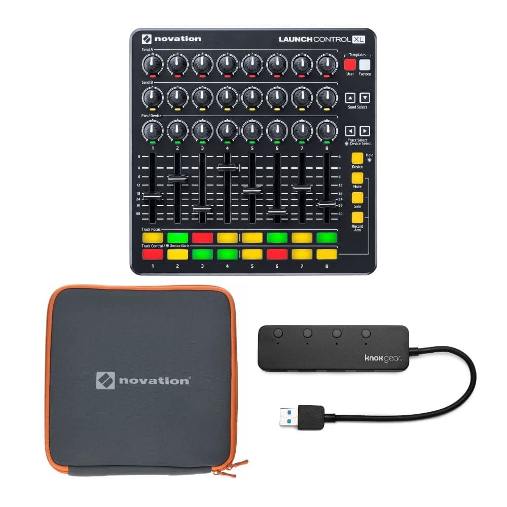 Novation Launch Control XL MIDI USB Ableton Live Controller Bundle with Case and 4 Port USB Hub