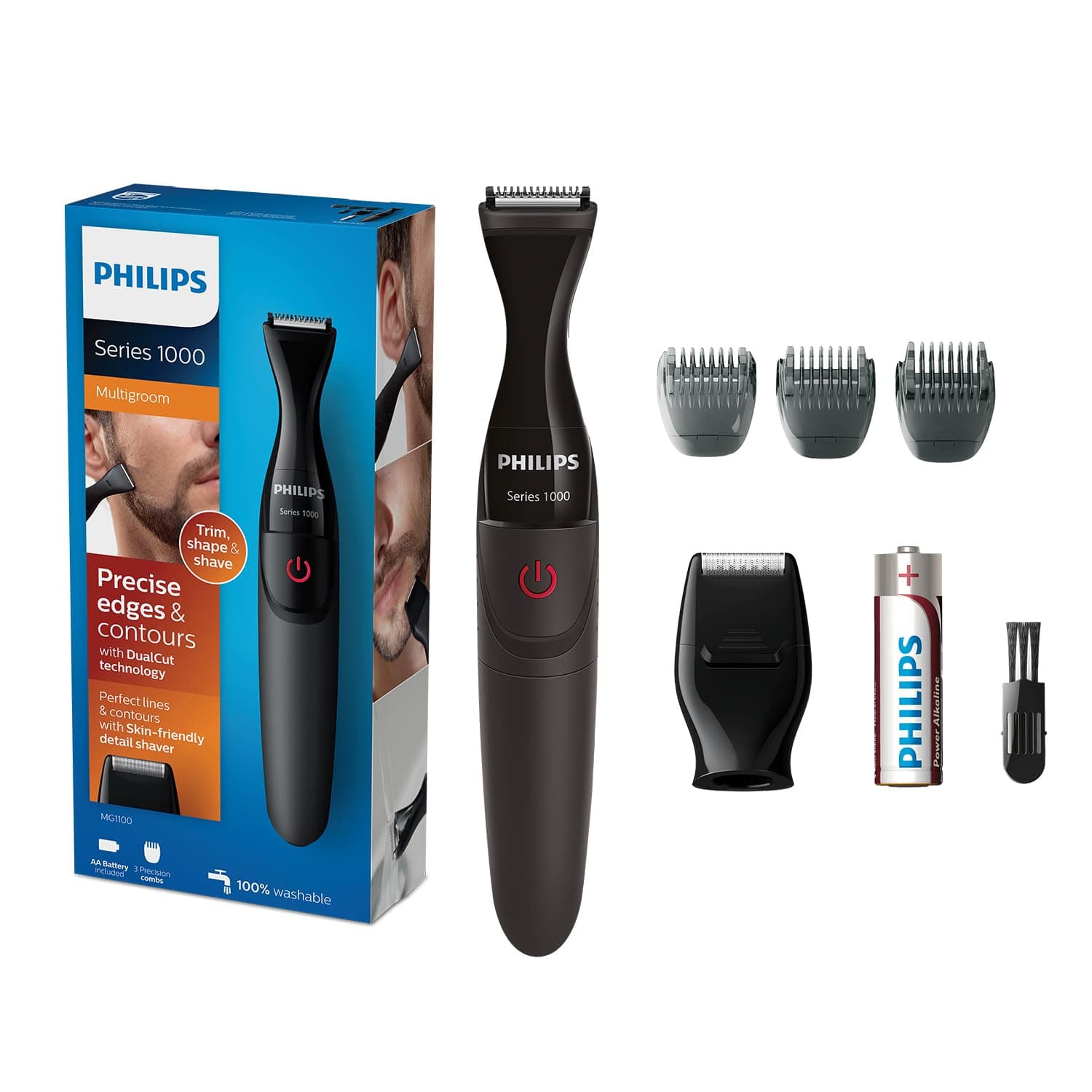 Multigroom MG1100/16 | Ultra-Precise Beard Styler | 3 Precision Combs, Fully Washable | AA Battery Included