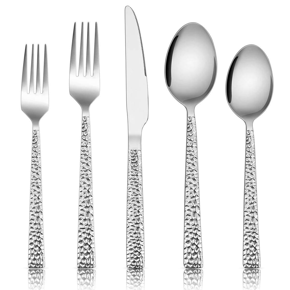 E-far 10-Piece Hammered Silverware Set, Stainless Steel Square Flatware Set Service for 2, Tableware Cutlery Set Includes Forks Spoons Knives, Modern Design & Mirror Polished - Dishwasher Safe