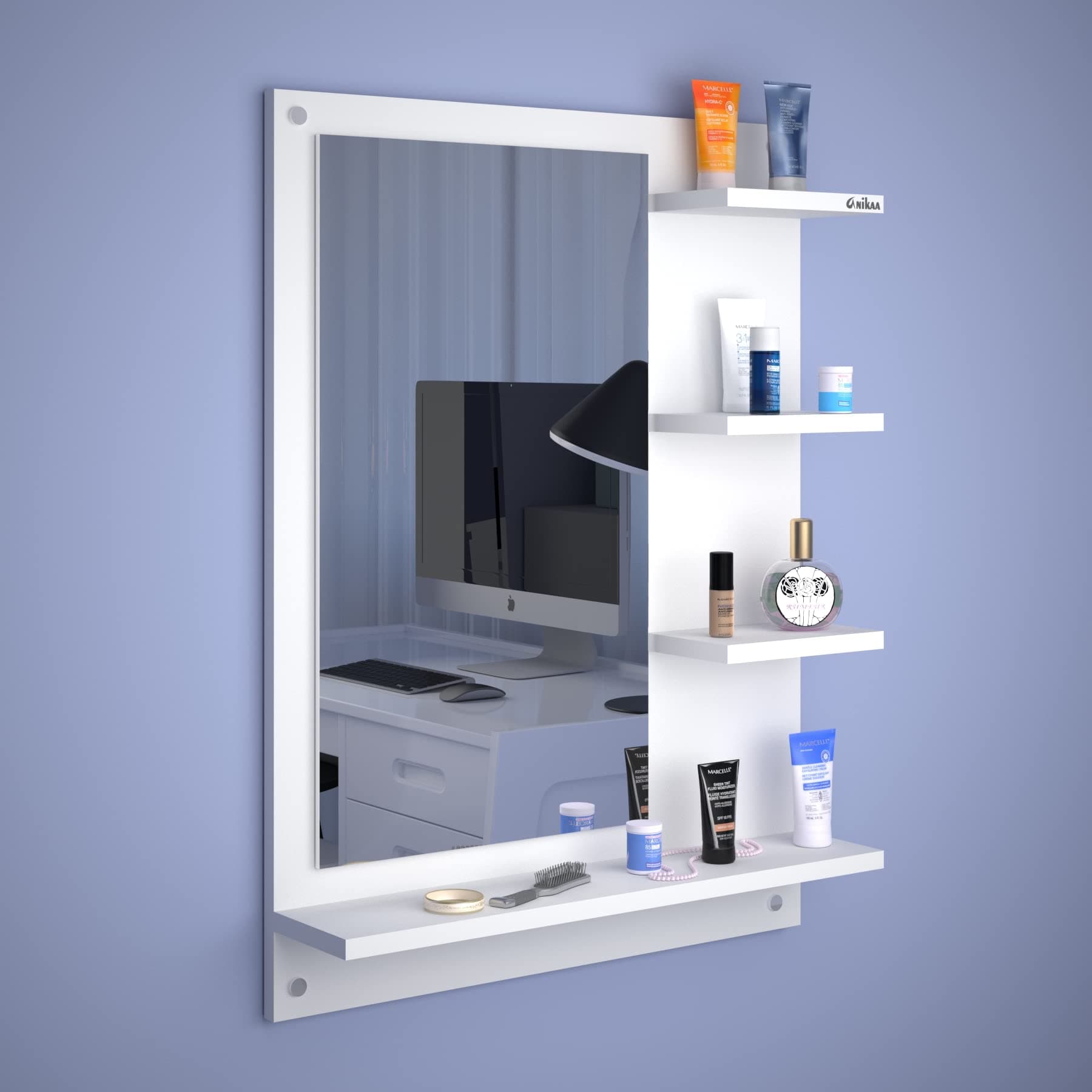 Anikaa Mavis Engineered Wood Rectangular Wall Mount Dressing Mirror with Shelves (White)(Framed)