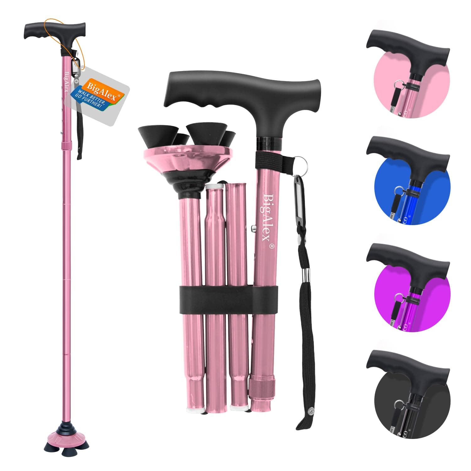 BigAlex Folding Walking Cane for Elderly Adjustable & Portable Walking Stick for Seniors,Pivoting Quad Base,Lightweight,Collapsible with Carrying Bag for Men/Woman