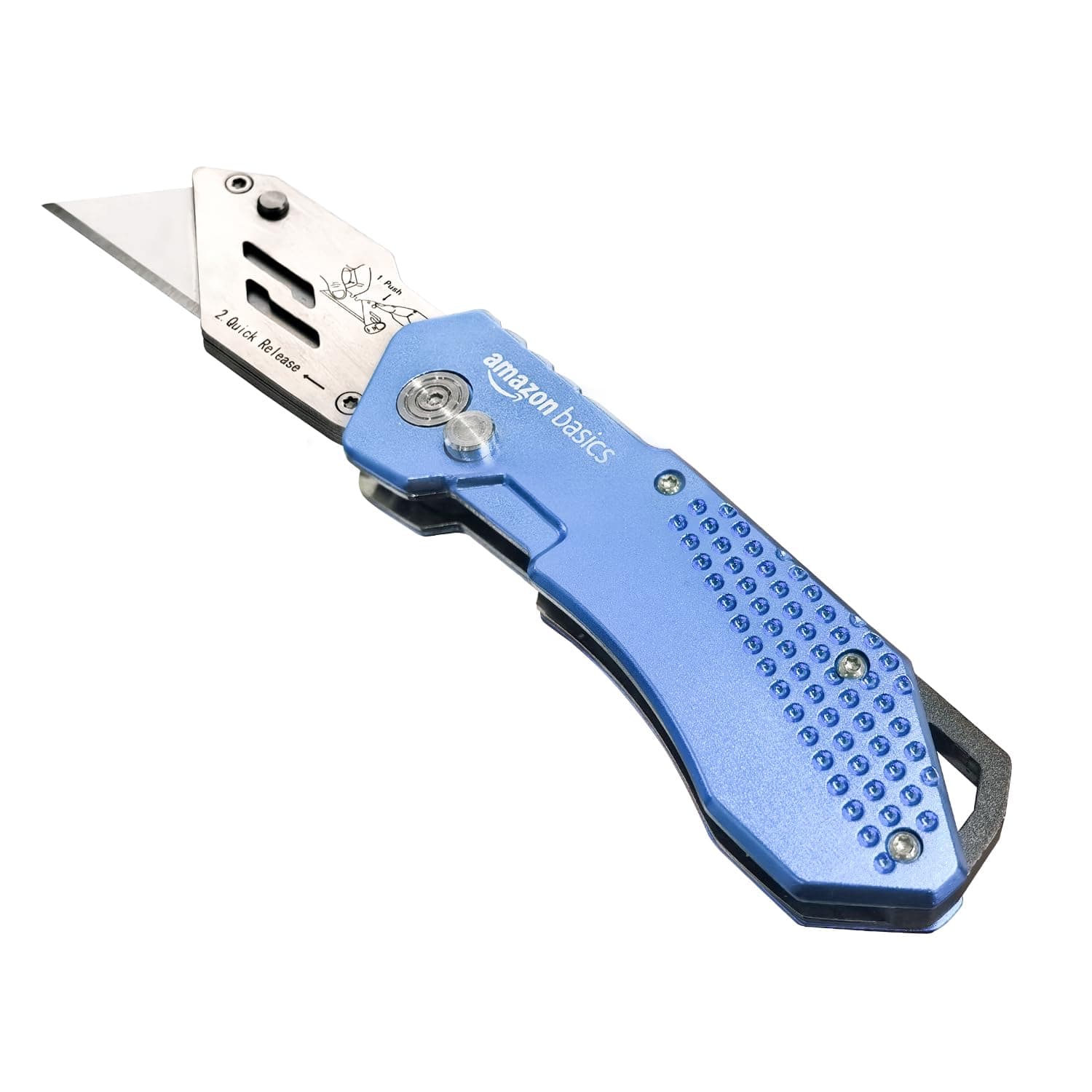 Amazon Basics Folding Utility Knife Box Cutter with Locking Mechanism, Quick Change Blade, Lightweight Aluminum Body, Holster, Light Blue