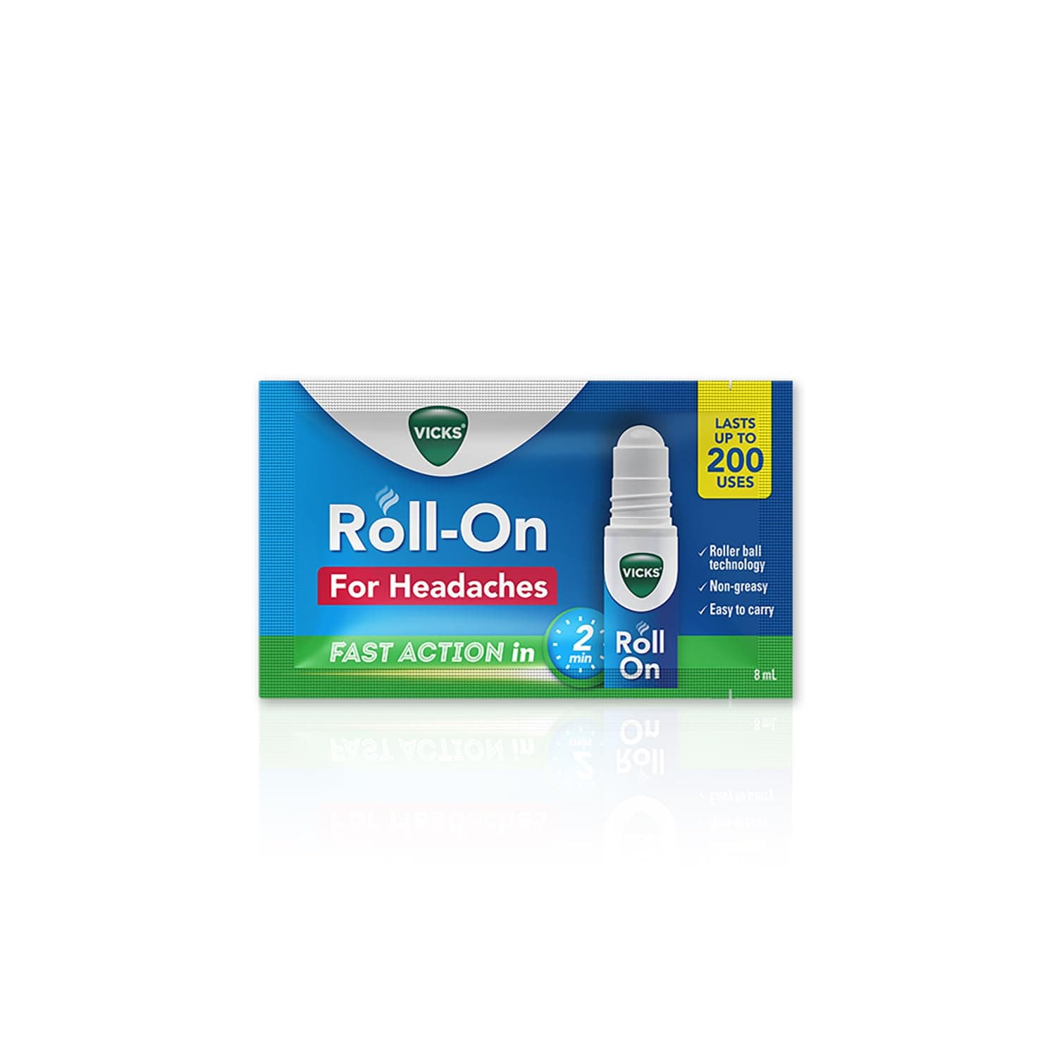 Vicks Headache Relief Roll-On, 2s Pack, Fast Action in 2 Minutes, with Menthol & Camphor