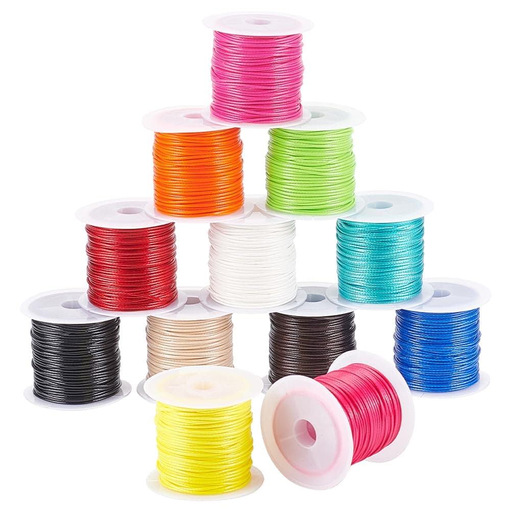 12 Rolls 1mm Waxed Polyester Cord Thread Beading String 12 Colors Braided Cords for Jewelry Bracelet Necklace Making And Macrame Supplies, 10m Each Roll