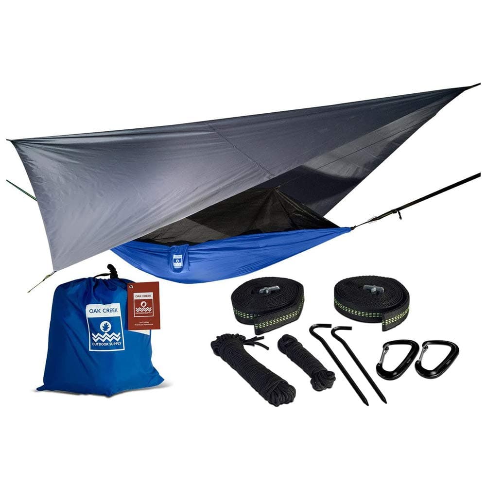 Lost Valley Camping Hammock. Bundle Includes Mosquito Net, Rain Fly, Tree Straps, Compression Sack. Weighs Four Pounds, Perfect for Camping. Lightweight Nylon Single Hammock.