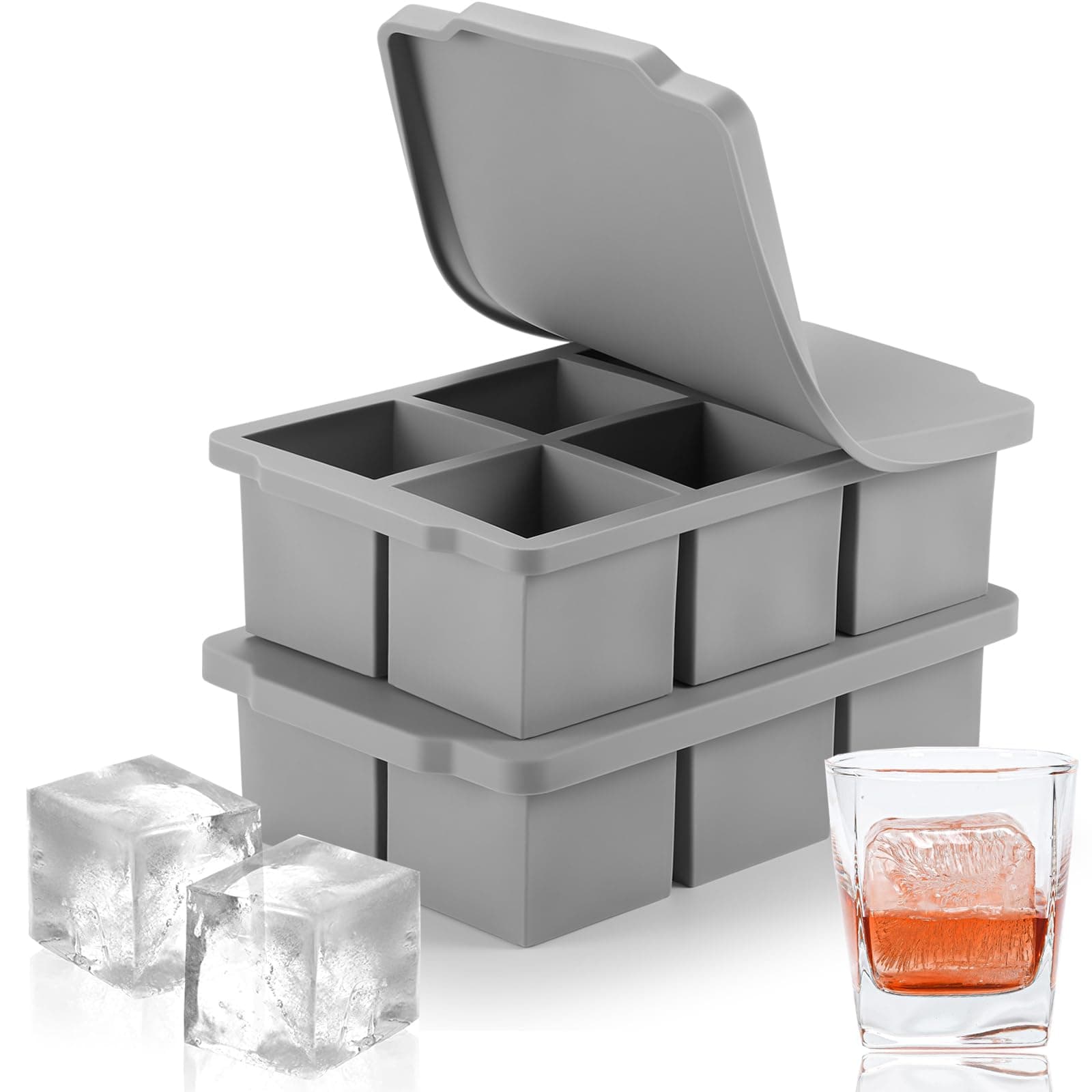 Large Ice Cube Tray with Lid Pack of 2, Stackable Big Silicone Square Ice Cube Mold for Whiskey Cocktails Bourbon Soups Frozen Treats, BPA Free