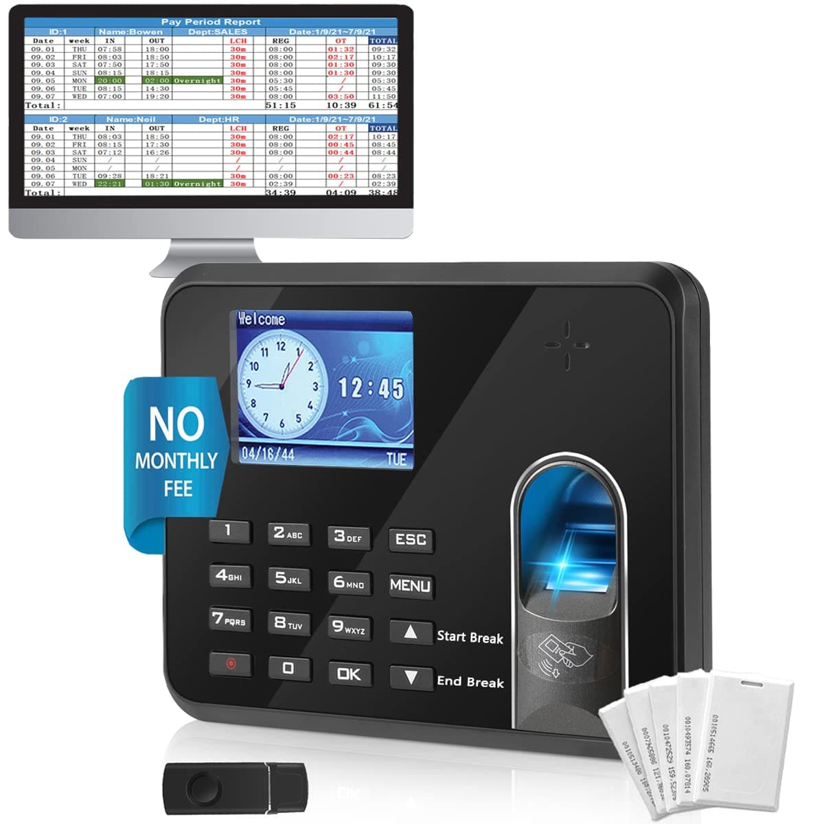 Time Clock Overtime, Lunch Time, Break Time and Working Hours Auto Calculate, Biometric Fingerprint Time Card Machine Office Punch Clock Automatic in and Out - NO Monthly Fee