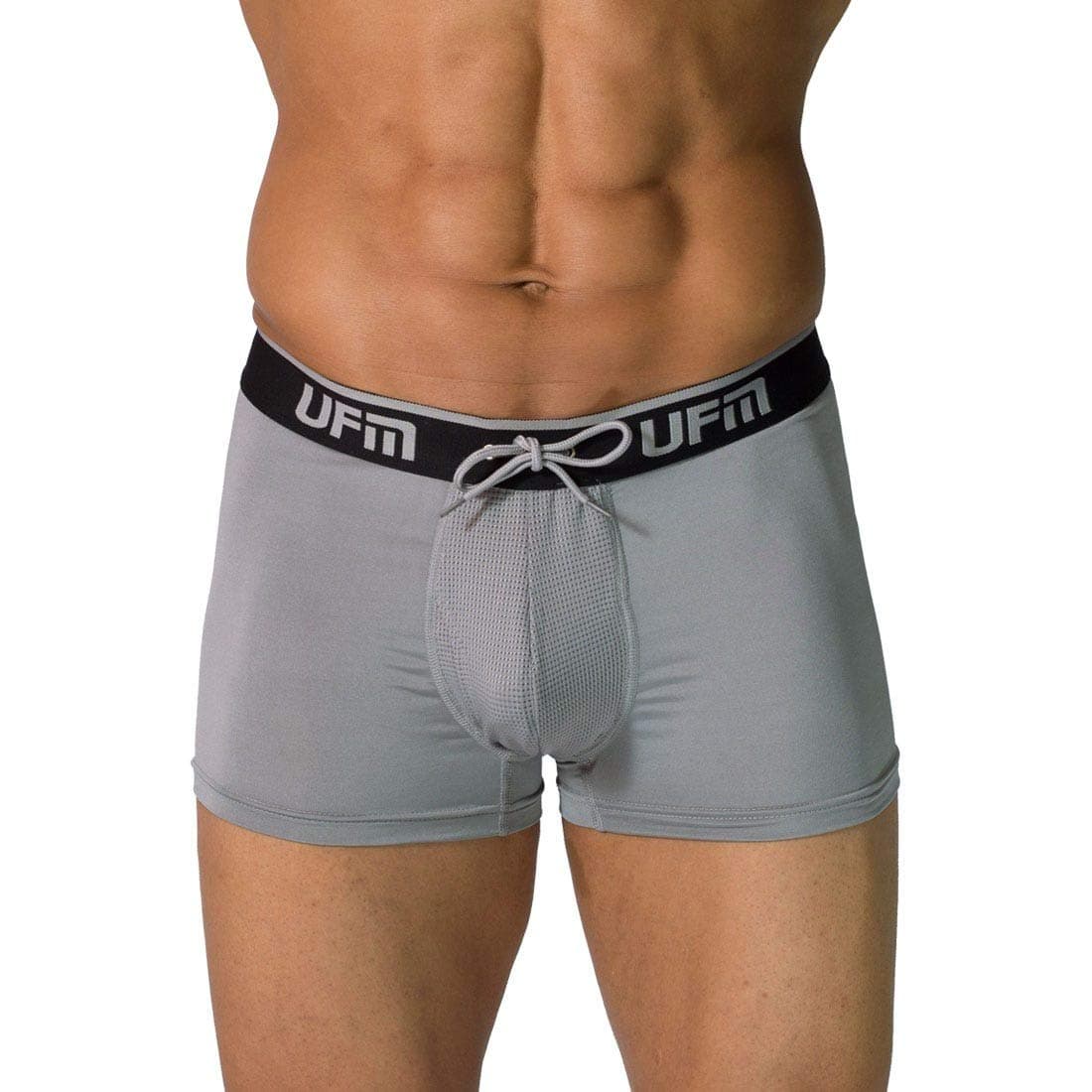 UFM Men’s Trunk Brief with Support Pouch - Regular Support, Patented Adjustable Support, Athletic Underwear for Men, Breathable Polyester Spandex, 3 Inch, Gray, 32-34