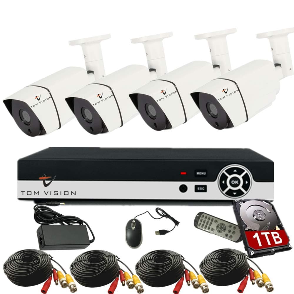 tomvision 4Channel AHD Camera KIT with 1TB Hard Disk 2.0MP/1080P CCTV Security Recording System CCTV Kit 4Pcs Outdoor Bullet Camera and P2P Cloud Alarm System Home Security