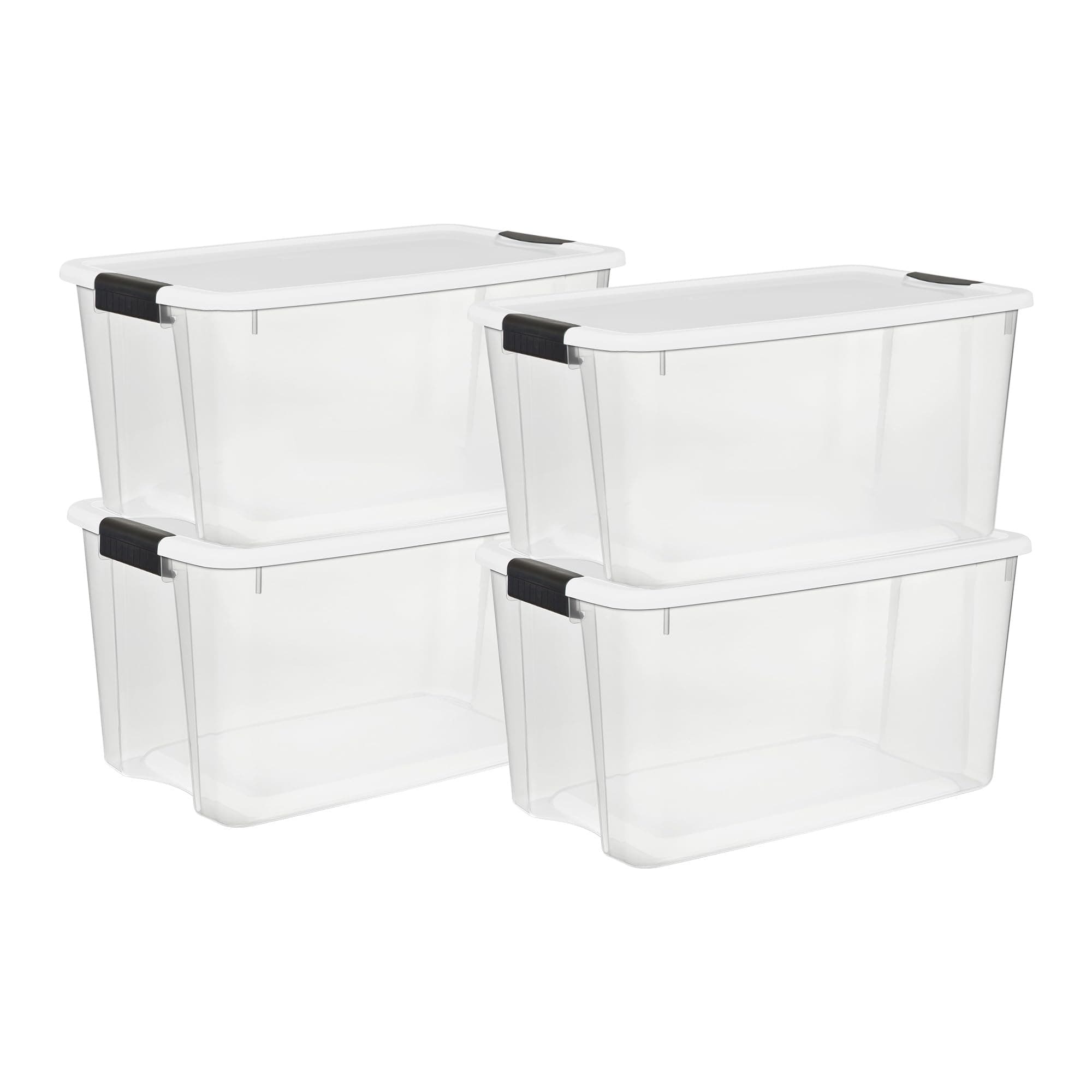 19889804 Rectangular 70 Quart Ultra Box with a White Lid and Black Latches (Clear, 66 L) - 4-Containers
