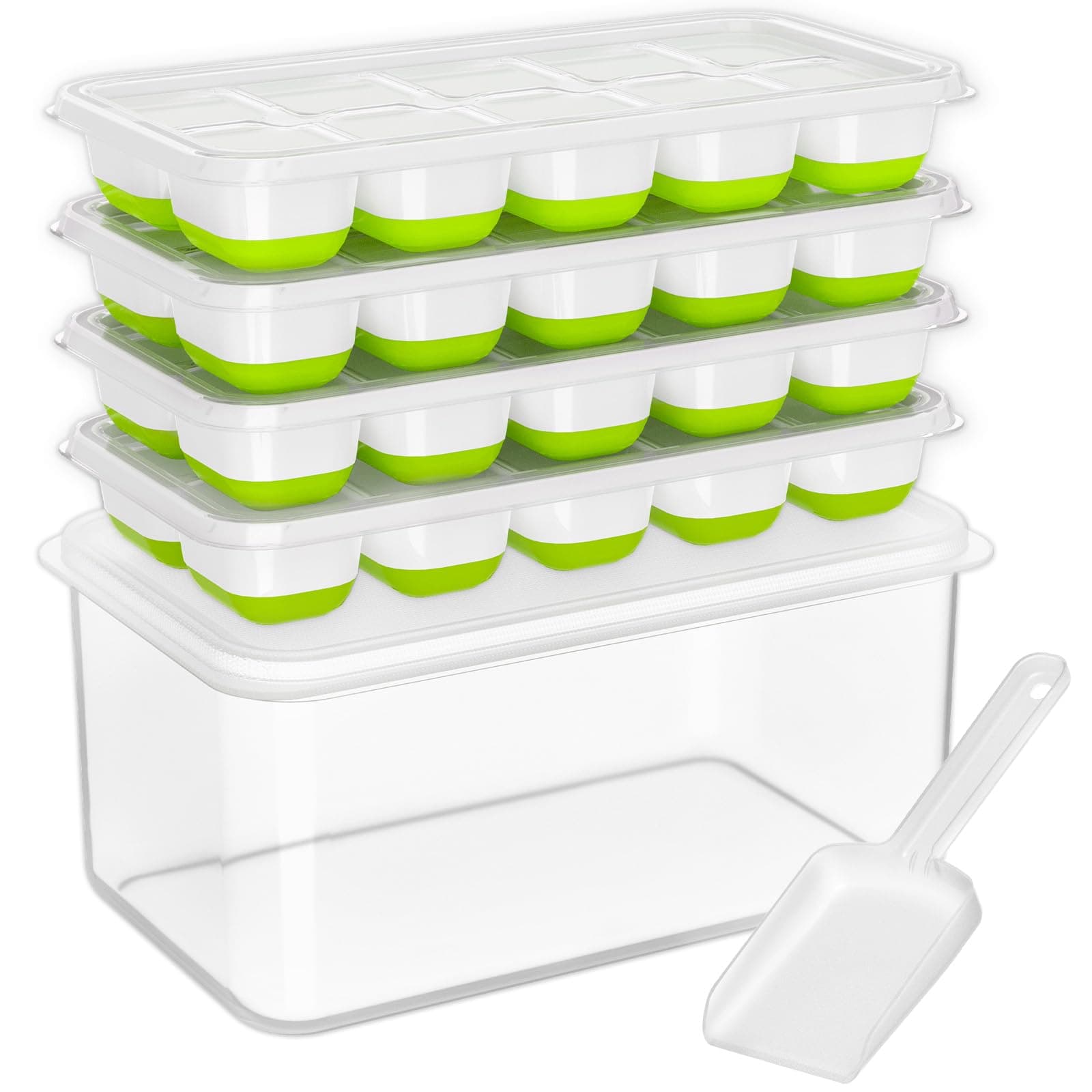 Ice Cube Tray with Lid and Bin - 4 Pack Silicone Ice Cube Trays for Freezer, Stackable Ice Bucket Kits with Storage Container & Scoop for Kitchen, RV, Cocktail, Coffee