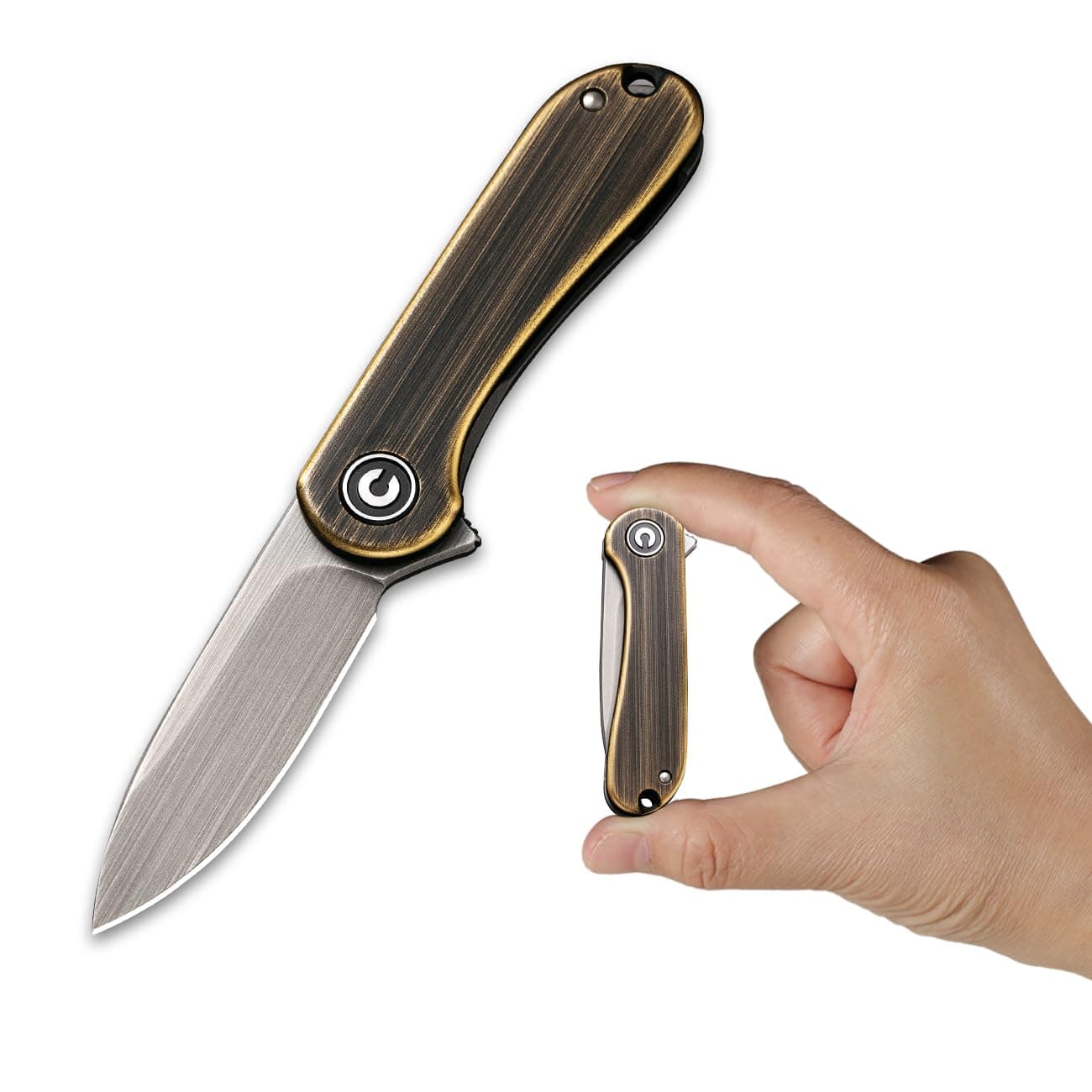 CIVIVI Mini Elementum Flipper Pocket Knife, Small folding Knife with 1.83" 14C28N Blade, Brass and Stainless Steel Handle C18062Q-1