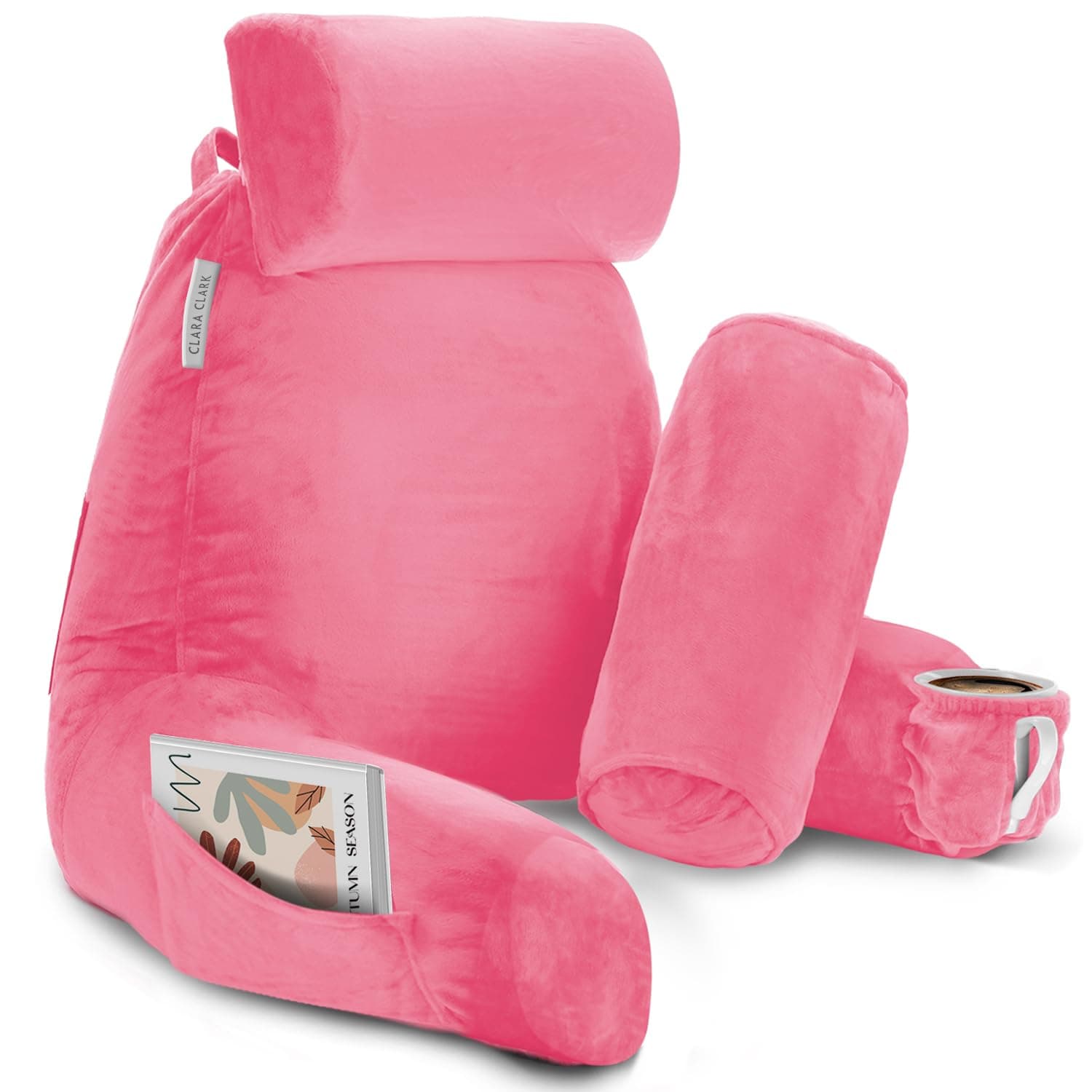 Clara Clark Reading Pillow with Shredded Memory Foam Includes 2 Neck and Lumber Support Pillows, Designed for Sitting Up in Bed and Couch Back and Arms Adjustable Support for Adults & Teens Light Pink