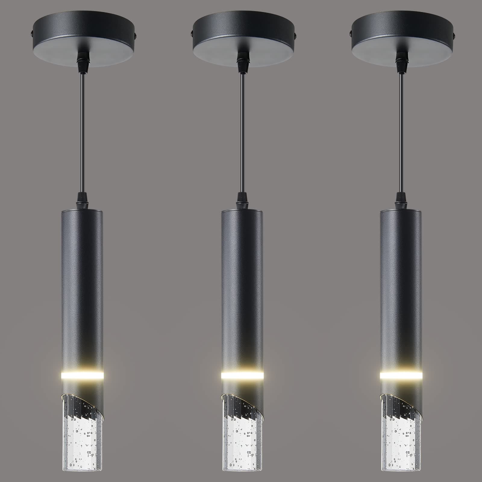 Pendant Lights Kitchen Island Dimmable LED Kitchen Lighting Matte Black Hanging Light fixtures Bubble Crystal Mini Pendant Light, Modern Pendant Ligh(3 Pack)