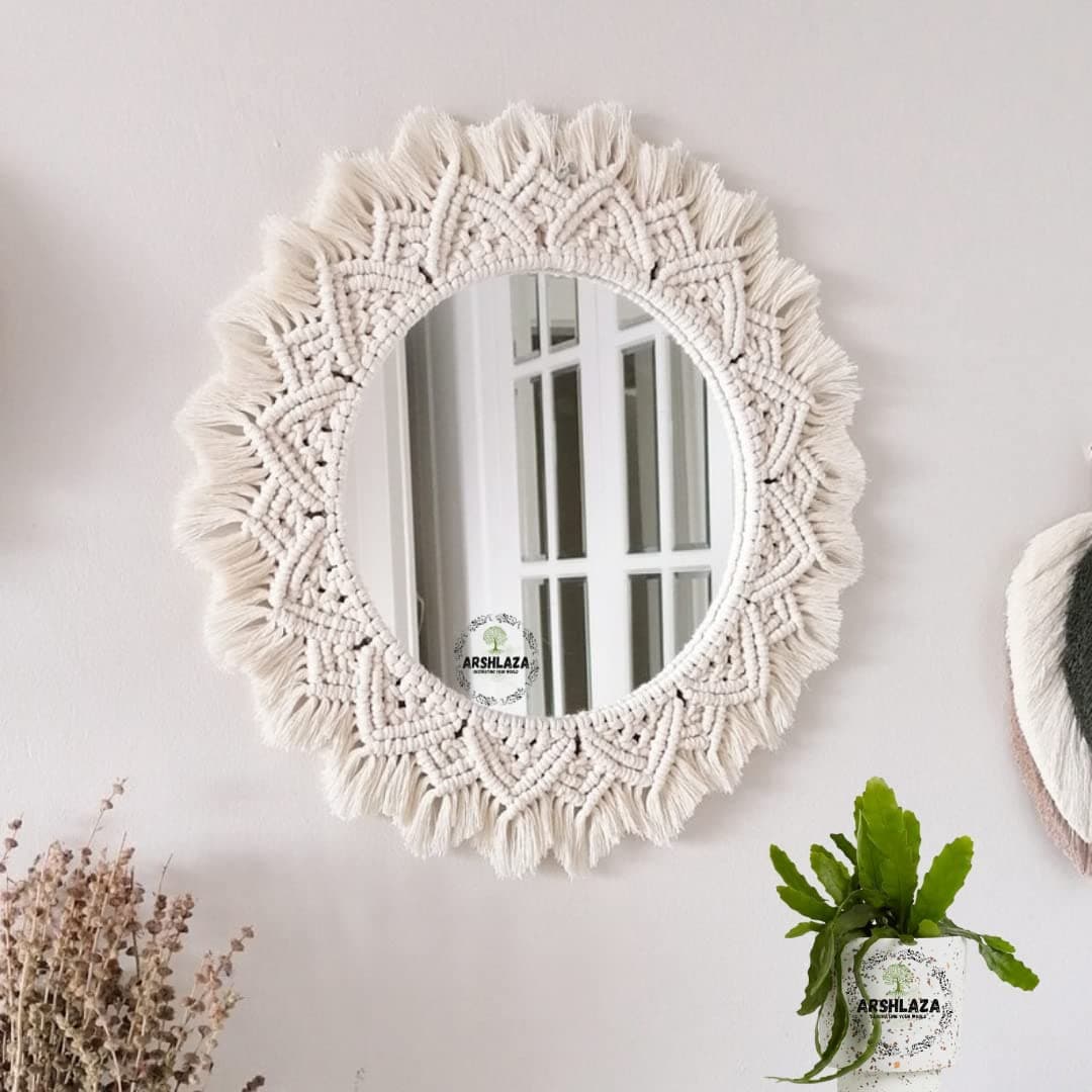 Macrame Hanging Wall Mirror with Macrame Round Mirror Art Boho Decor [M4FOOL] Framed, off-white