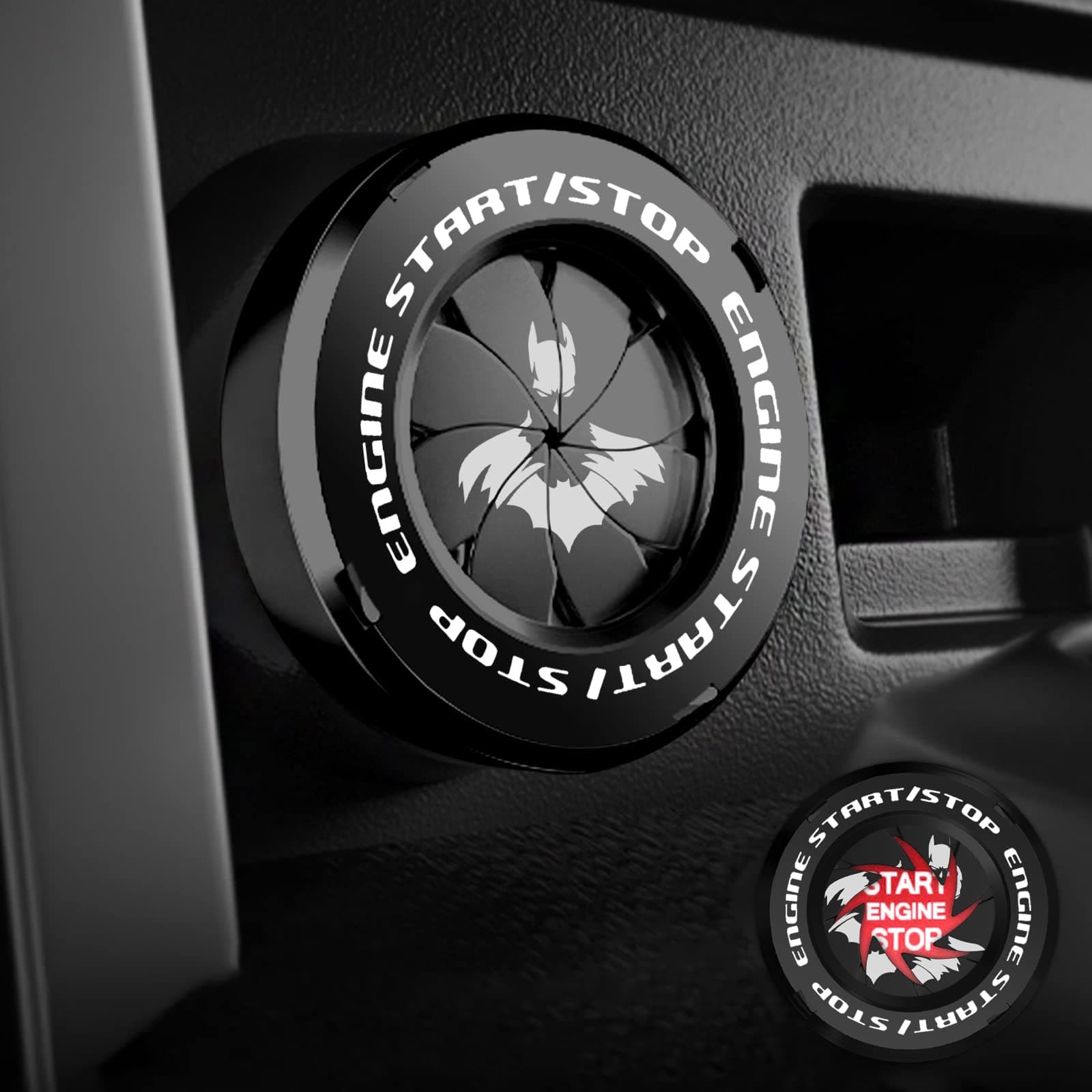 Tybasthe Rotary Push Start Button Cover, Bat Man Car Accessories Engine Start Stop Button Cover, Car Stickers Interior Decor, Motorcycle Ignition Key Switch Cover, Black