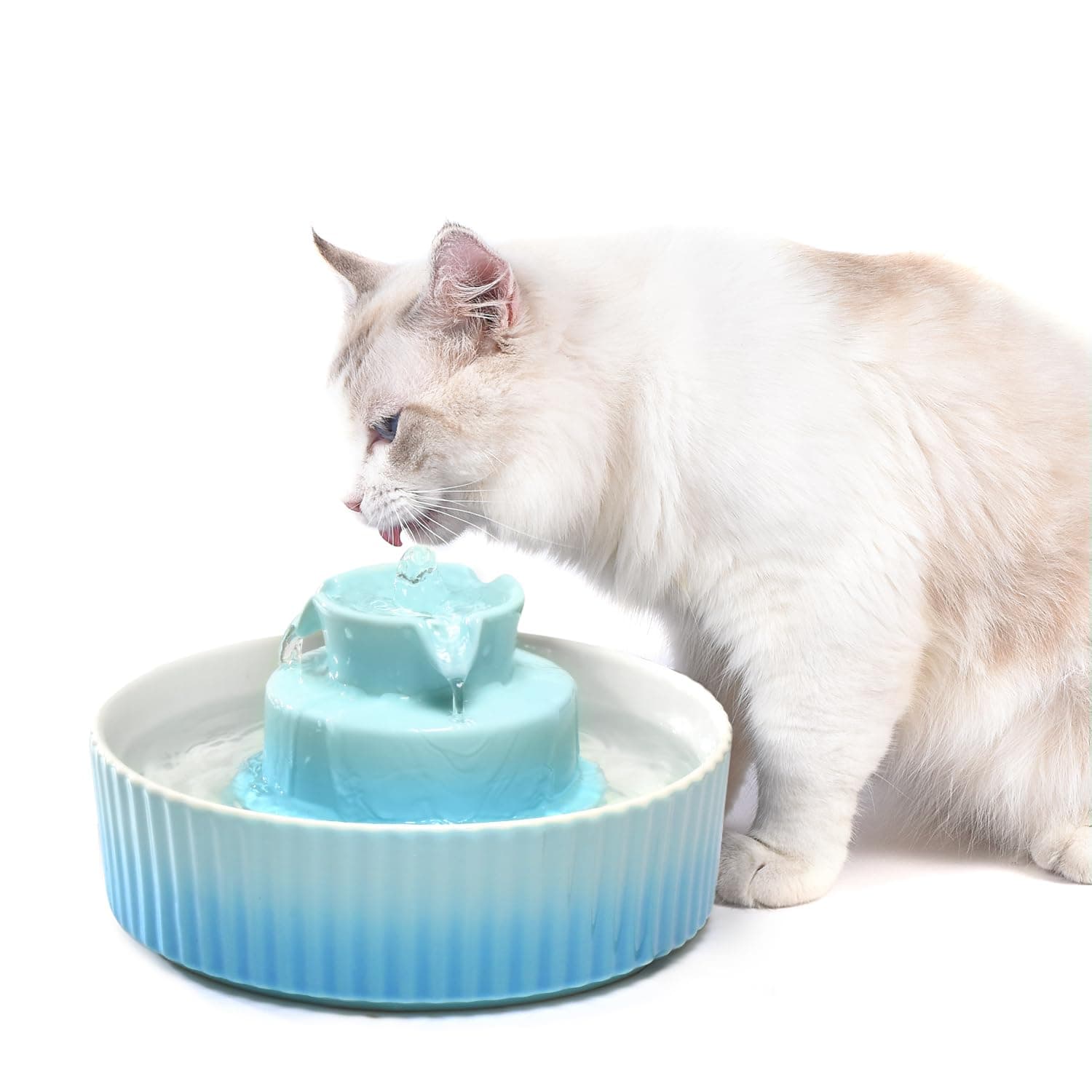 2.1L Ceramic Cat Water Fountain-for Cats and Dogs, 360 Ceramic Pet Fountain-70 Oz Large Water Capacity - Whisper-Quiet Water Flow-Great for Shy or Timid Pets - Fresh, Filtered Water (Blue)