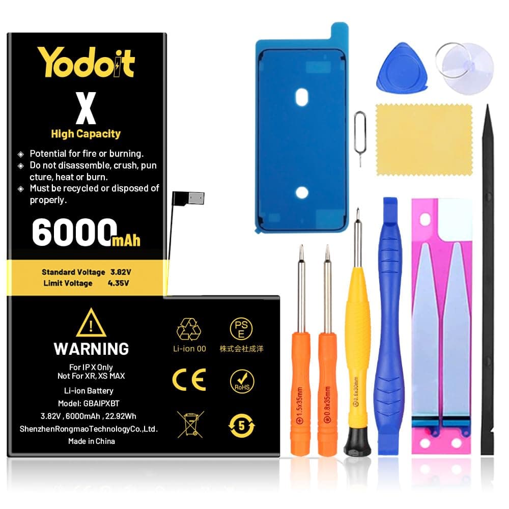 for iPhone X Battery Replacement 6000mAh Battery High Capacity 0 Cycle Replacement for Model A1865, A1901, A1902 with Repair Tool Kit & Adhesive