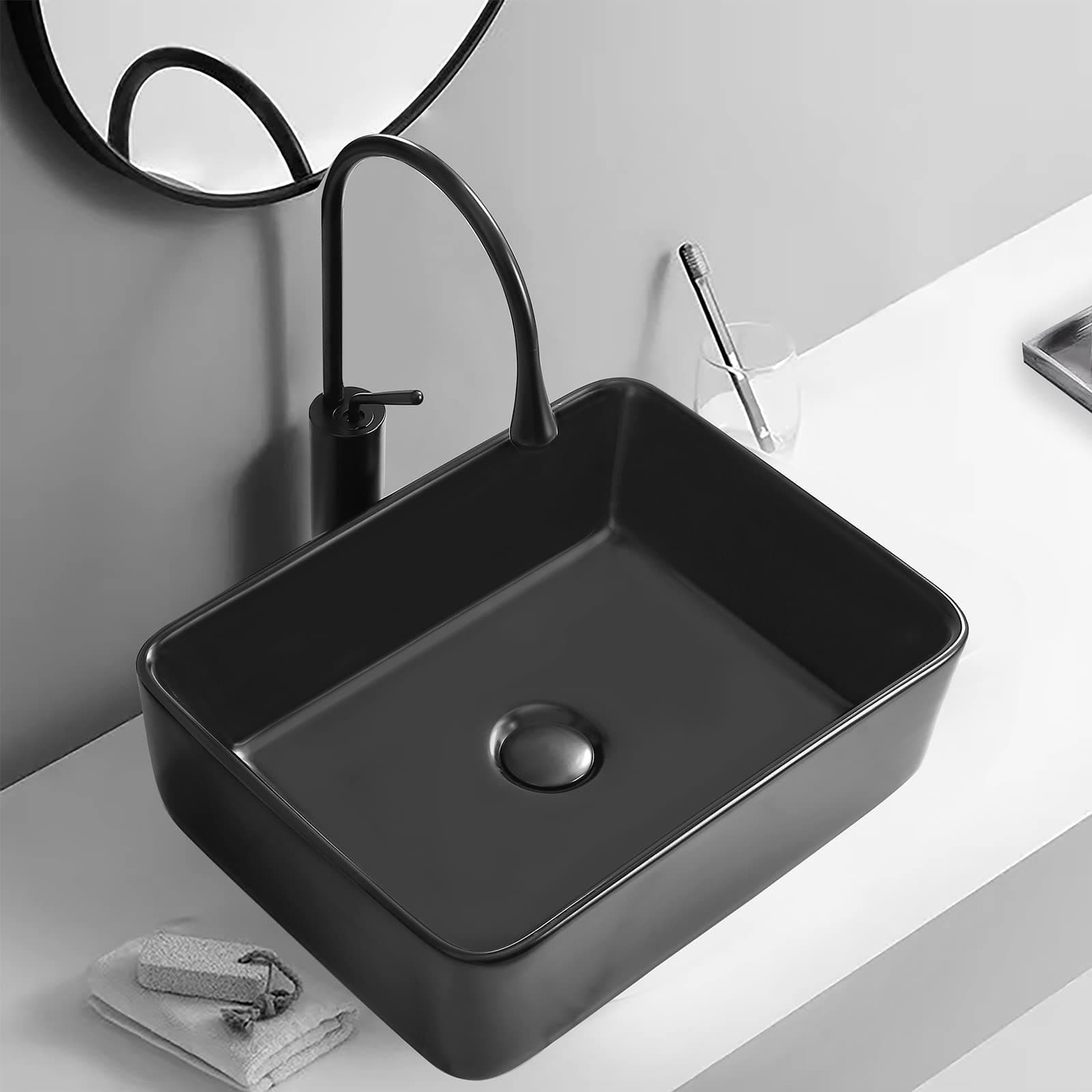 Black Vessel Sink Rectangle-KARAMAG 19"x15" Bathroom Sink Rectangular Modern Above Counter Bathroom Sink Matte Black Porcelain Ceramic Vessel Vanity Sink Art Basin