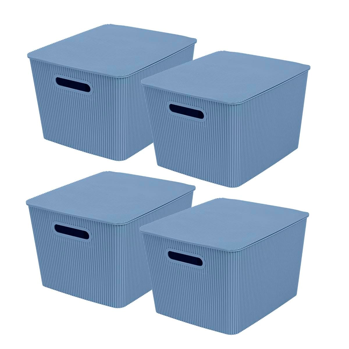 Glad Storage Baskets with Lids - Set of 4 Stackable Plastic Boxes with Handles - Decorative Shelf Organizer Bins for Bathroom and Closet, Blue, 4.7 Gallon