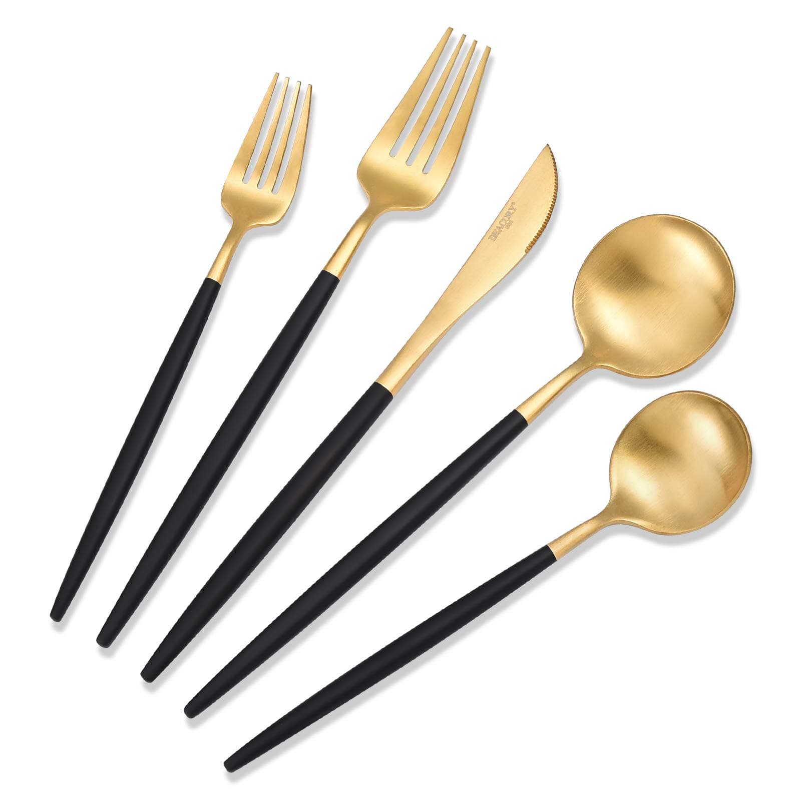 DEACORY Flatware Set Silverware Set Black and Matte Gold 18/10 Stainless Steel with 5 Piece Service for 1