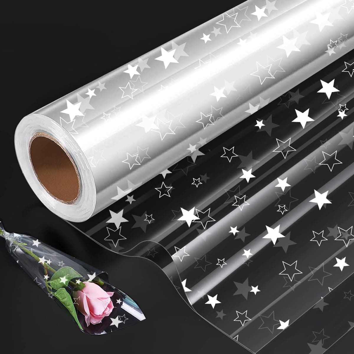 Folded Package Clear Cellophane Wrap Printed with Star, Folded 80cm x 30M Gift Wrapping Cellophane Roll for Hampers Birthday Mother's Day Cookies Gifts Easter Bundles Wrapping