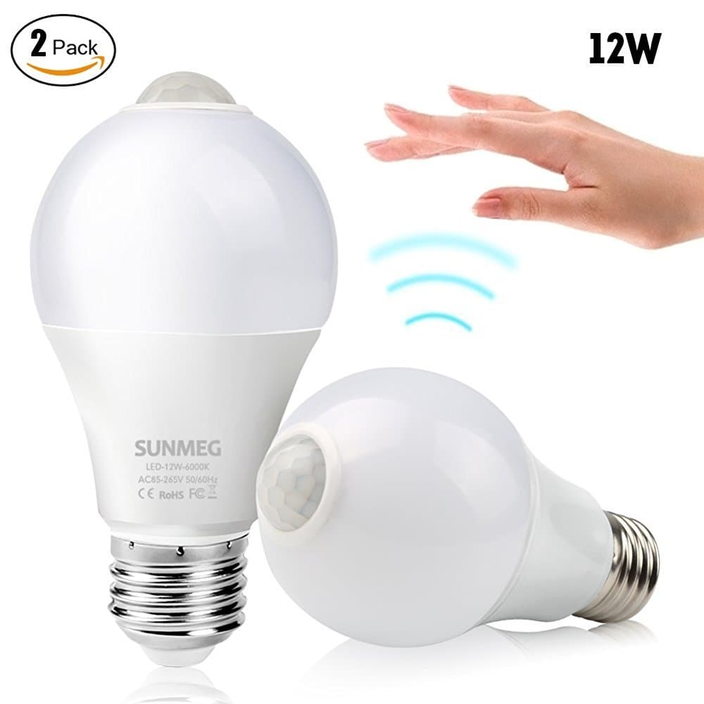 Motion Sensor Light Bulb, 12W E26 Smart PIR Sensor LED Bulbs, Cold White 6000K, 1000LM, Automatic LED Light Bulb for Outdoor/Indoor, 2 Pack