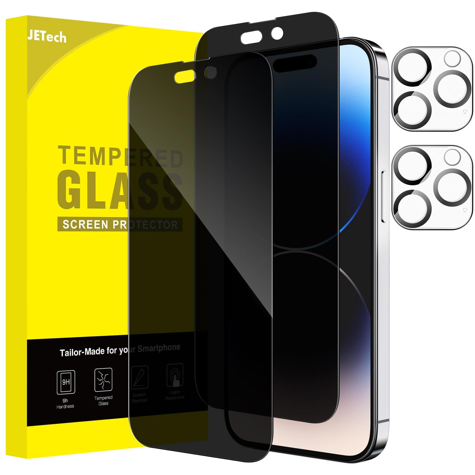 JETech Privacy Full Coverage Screen Protector for iPhone 14 Pro 6.1-Inch with Camera Lens Protector, Anti-Spy Tempered Glass Film, 2-Pack Each