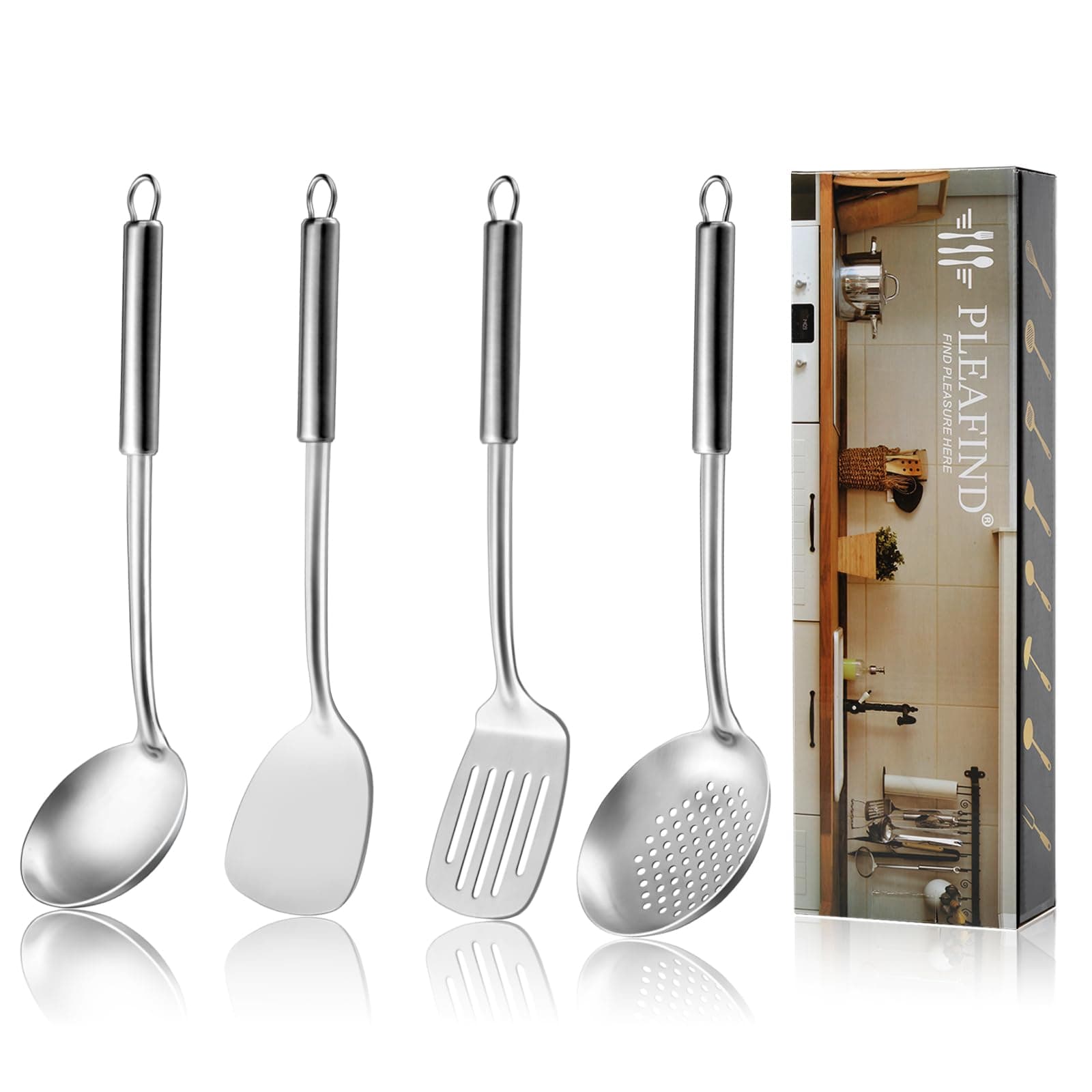 Pleafind Cooking Utensils Set - 4 Pcs Stainless Steel Kitchen Utensils, Wok Utensils Set Include Wok Ladle, Wok Spatula, Slotted Spoon and Slotted Spatula, Dishwasher Safe