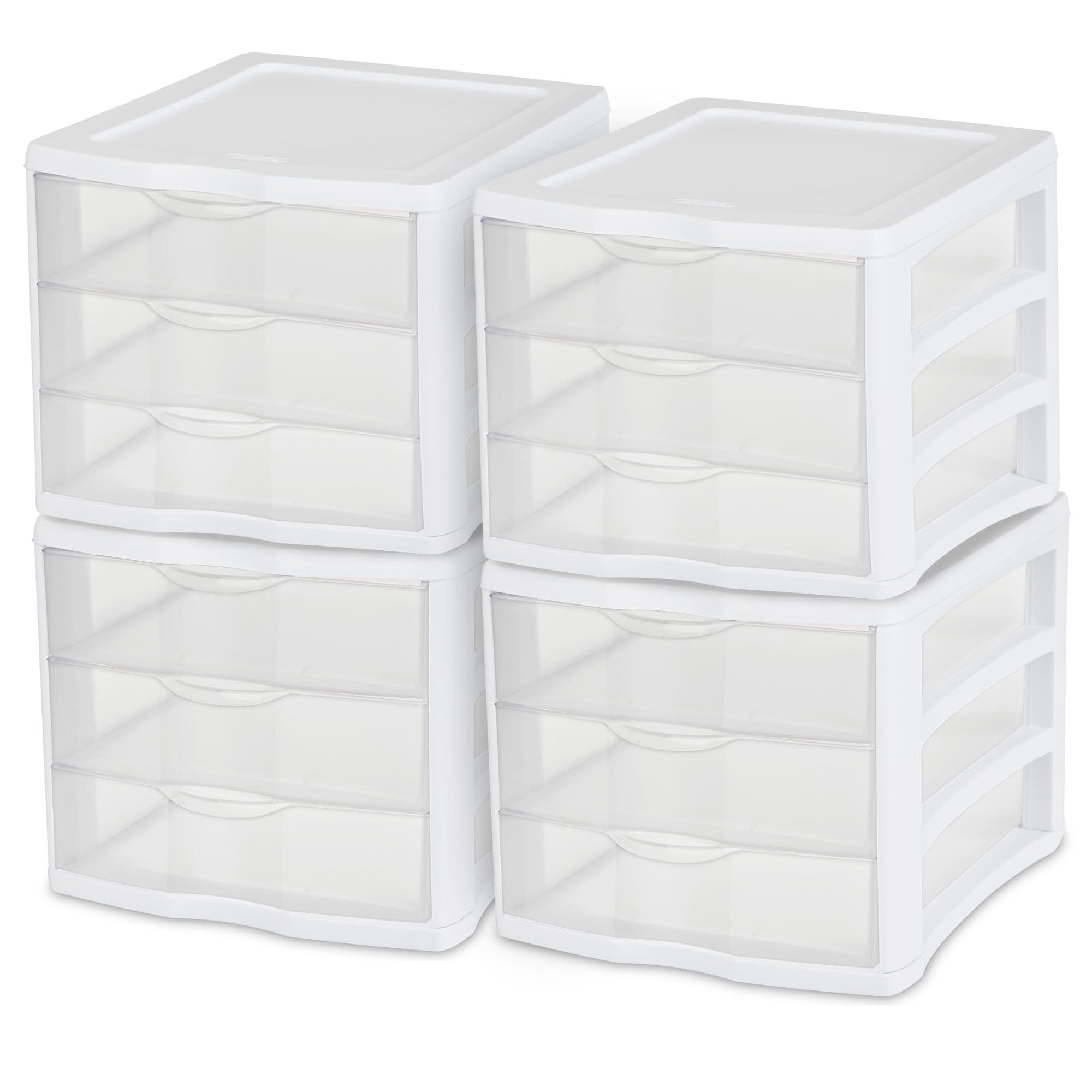 Sterilite 4-Pack 3 Drawer Unit, Stackable Plastic Organizer with Drawers, White Frame - Multi-Purpose Countertop Storage Containers for Office Supplies, Craft Rooms, Classrooms and Home Organization