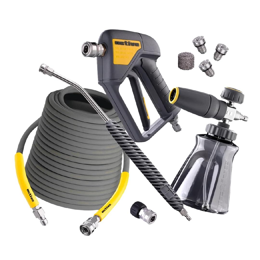 ACTIVE Premium Accessory Bundle Universally Adaptable with All Types of Pressure Washers. Includes: Short Gun, Foam Cannon, Lance 20°, M22-14mm Quick Connect Kits for Gas & Electric Pressure Washers.