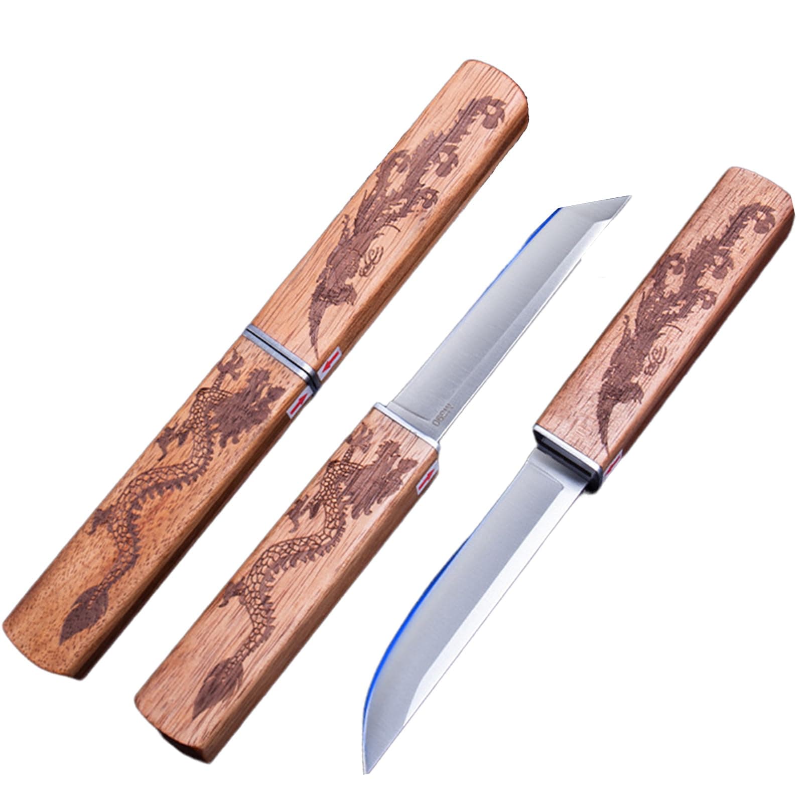 Professional Steak Knive Set, 2Pcs Unique Sharp Steak Knives with Pairing Bamboo Knife Sheath, Camping Fruit Knife Set for Chefs Meat Bbq Outdoor