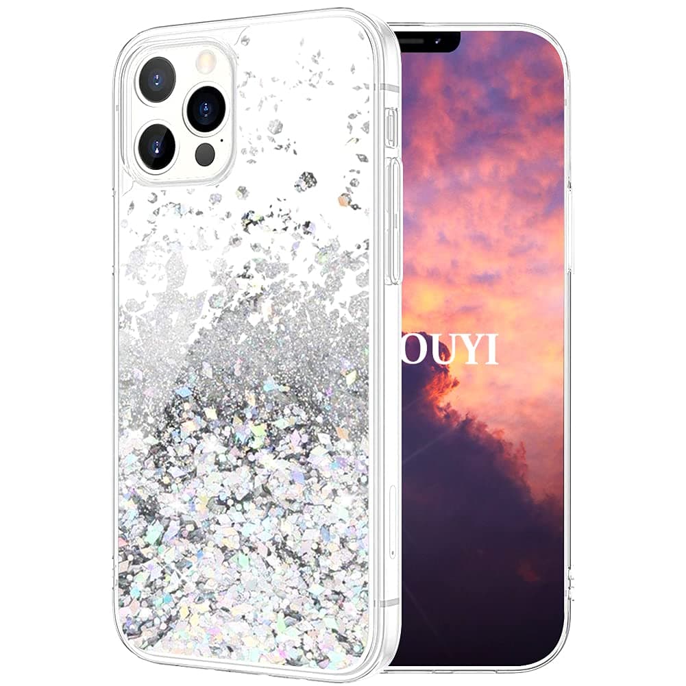 KOUYI Compatible with iPhone 12 Pro Max Case Glitter, [Dream Star Series] Fashion Flowing Liquid Bling 3D Design TPU Protective Cover for iPhone 12 Pro Max 6.7 Inch (Silver)