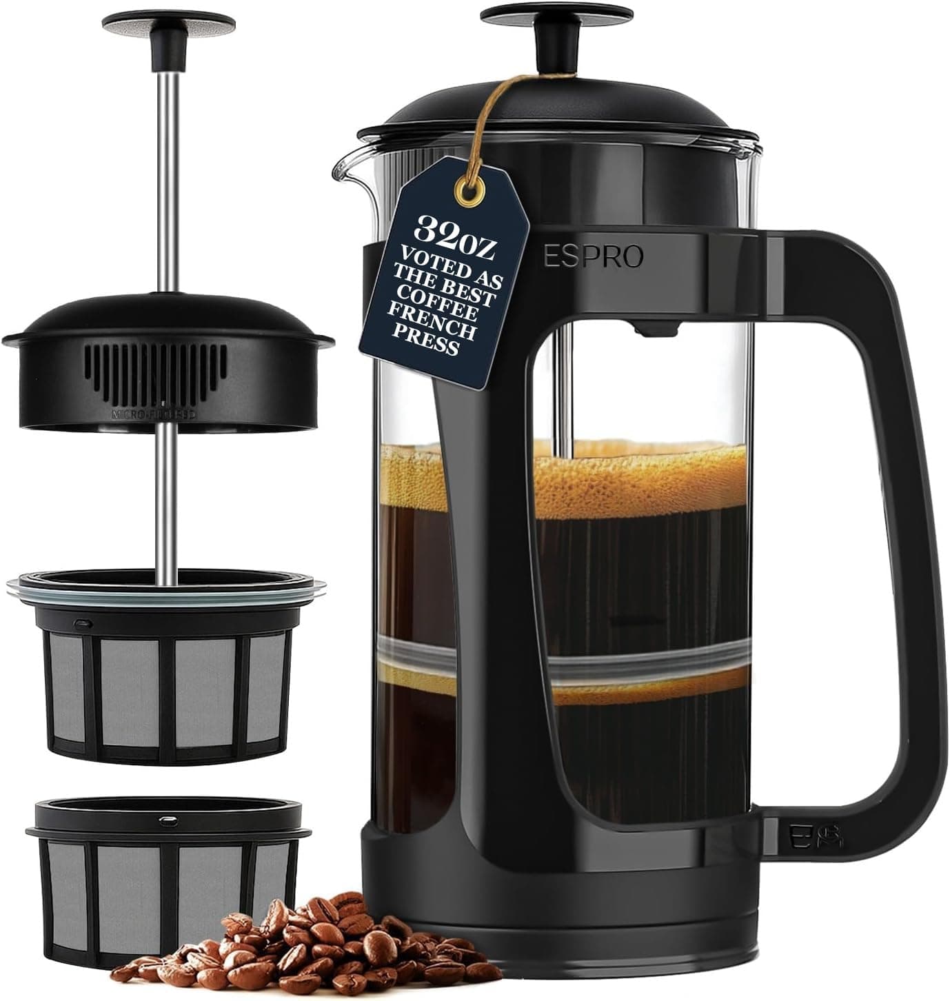 ESPRO P3 French Press Coffee Maker – Patented Double Micro-Filter for Grit-Free Brew, Heat Resistant thicker Borosilicate Glass Coffee press – (Black, 32 oz)