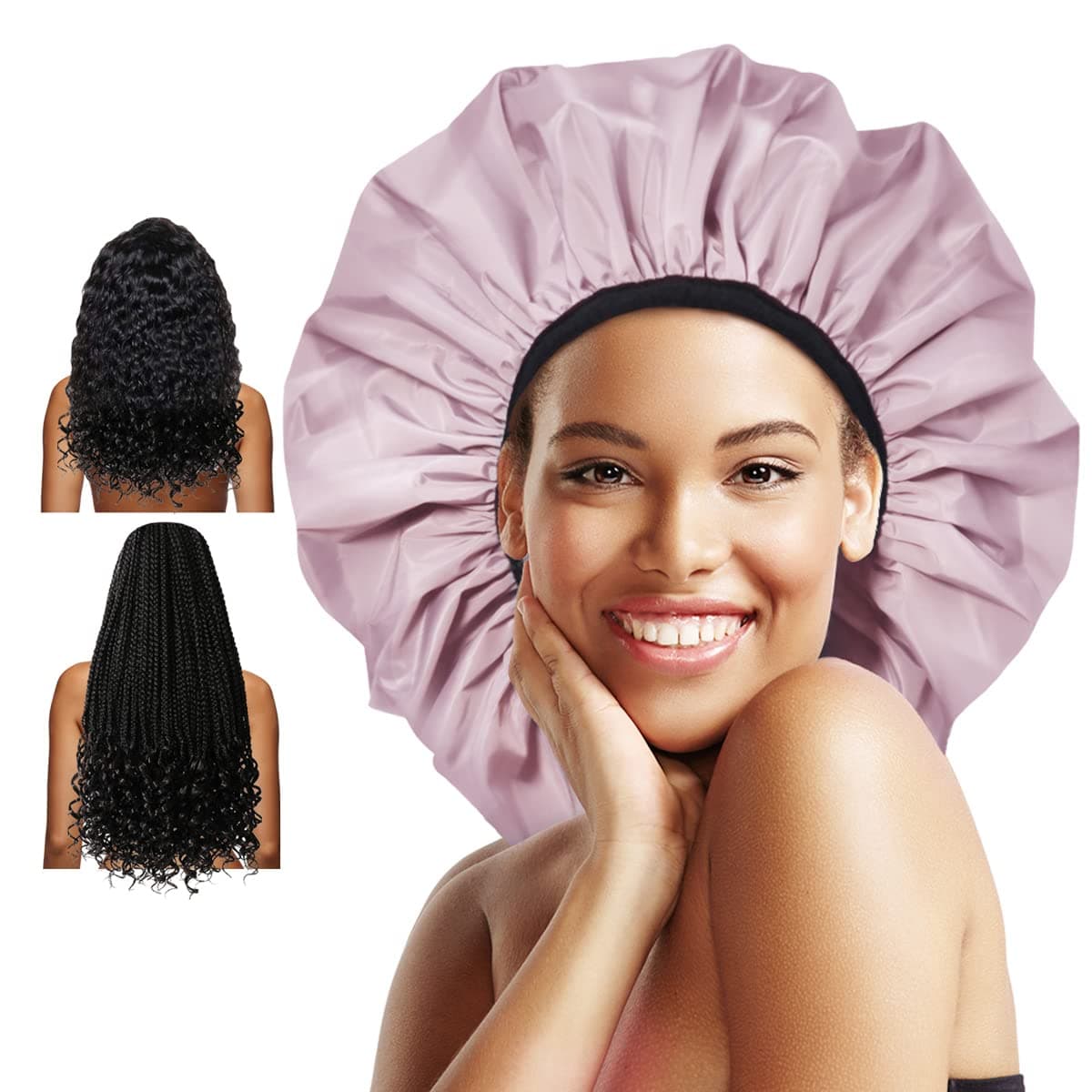 Auban Extra Large Shower Cap for Braids,Double-Layer Waterproof Reusable Satin Lining Bonnet XL, For Women Thick, Long Hair, Locs, Braids(Pink)