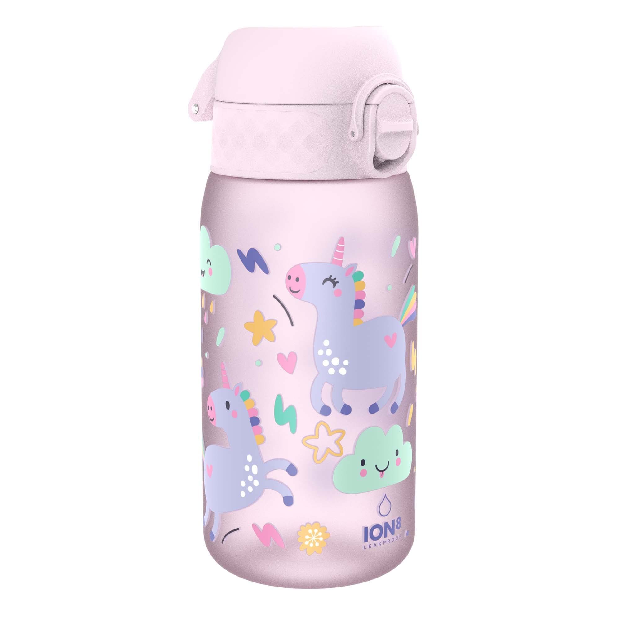 Ion8 Small Water Bottle, Leak Proof, Easy to Open, Secure Lock, Dishwasher Safe, Flip Cover, Carry Handle, Easy Clean, Durable, Water Bottle, Raised Print, Unicorns