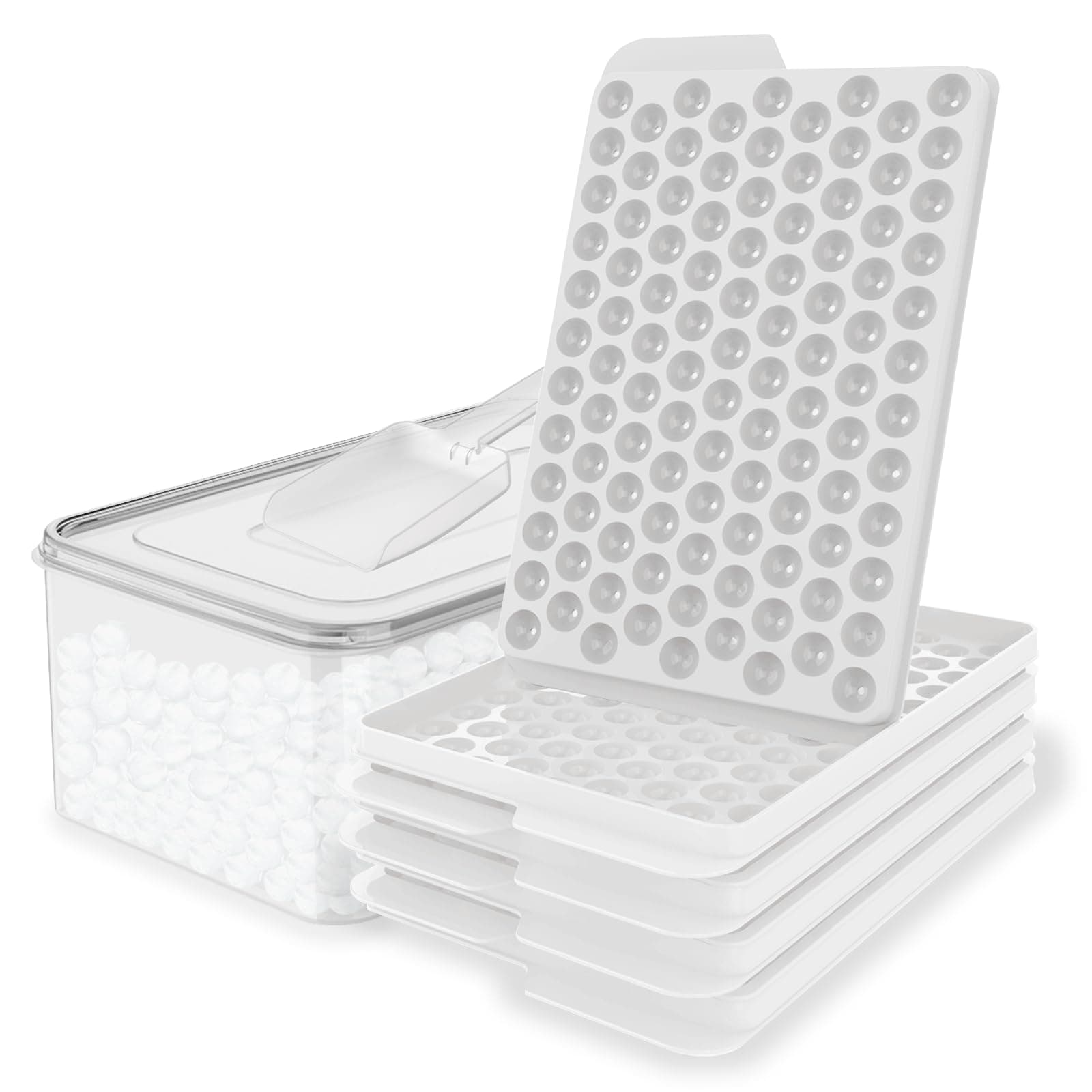 WIBIMEN Mini Ice Cube Trays, 0.55” Tiny Pebble Ice for Iced Coffee & Cocktails, Fast Chill, Easy Twist Release, Stackable with Lid & Storage Bin (4 Pack, White)