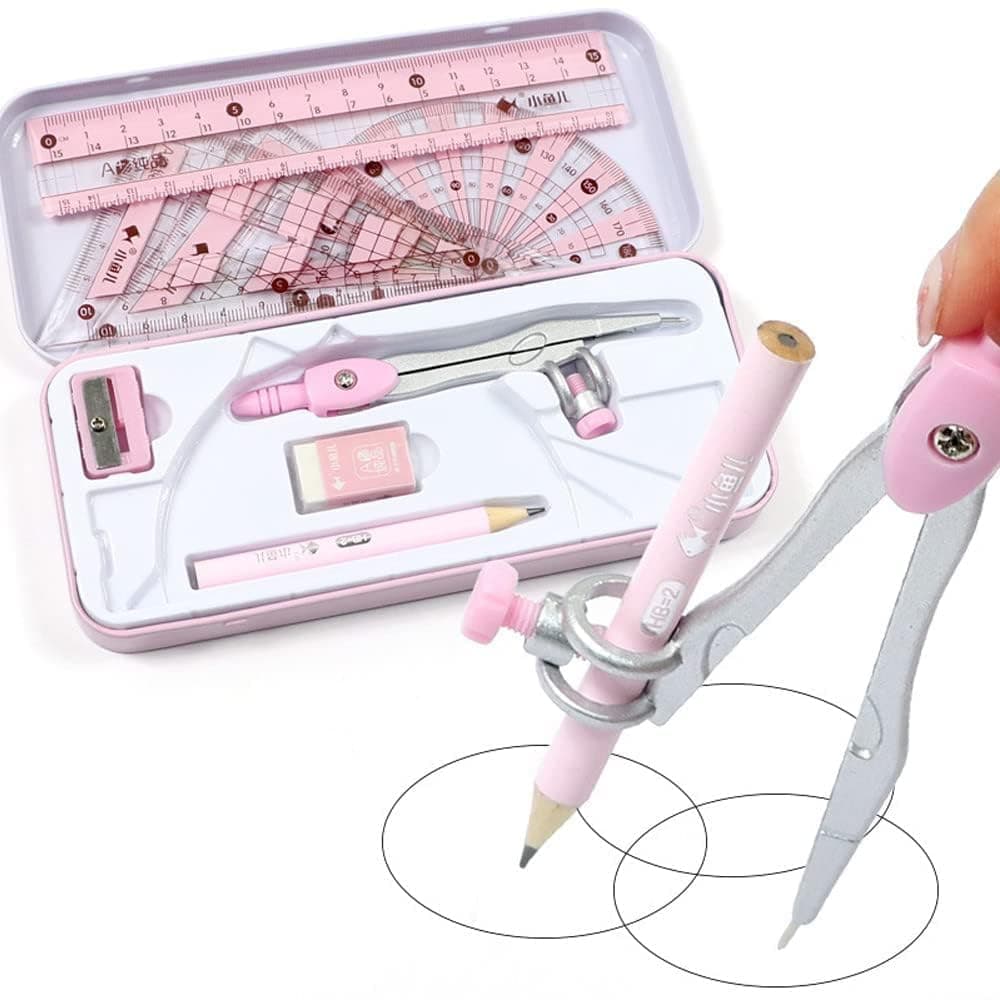 Khazna Math Geometry Kit Sets, 8 PCS Geometry Sets with Shatterproof Storage Box,Includes Rulers,Protractor,Compass,Eraser,Pencil Sharpener,Lead Refills,Pencil,for Drafting and Drawings（Pink）