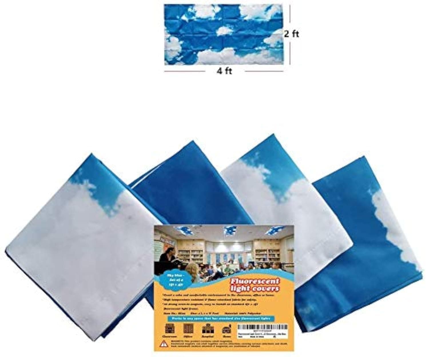 4' x 2' feet (4 Pack; Blue Sky Cloud). Flame-Retardant Fabric, 10 Strong Magnets, Flame Retardant Certification, Reducing Glare Harsh Flicker, Used in Classroom, Home, Office