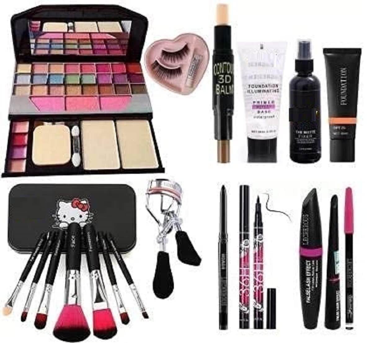 GRASP Face Makeup Kit Brush set with TYA makeup kit,3D contour stick,Primer, Fixer, Foundation, Kajal, Waterproof 36H Sketch eyeliner and 3in1 Combo set and eyelashes with inside glue (Pack of 11)