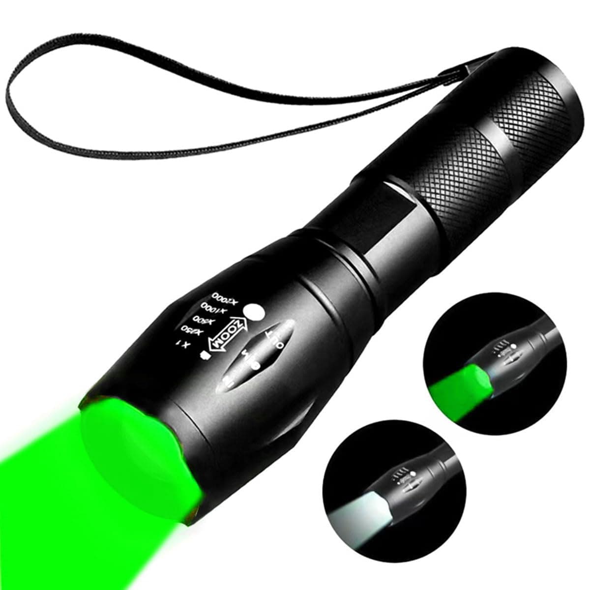 Two-in-one Flashlight with White Light and Green Light,Green Flashlight Hunting Rechargeable, Outdoors Zoom Green Tactical Flashlights ,2 Modes.