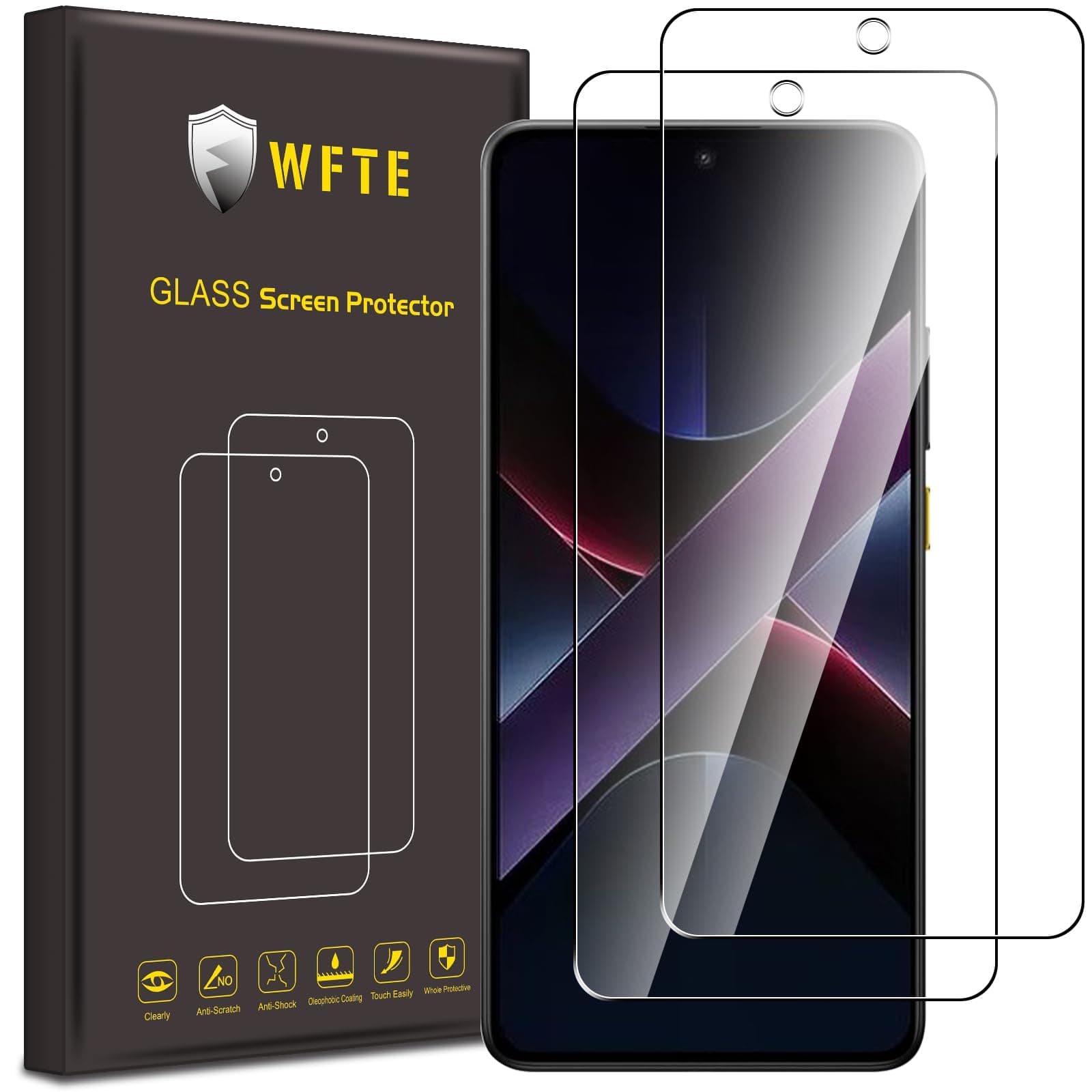 WFTE 2-Pack Tempered Glass for Xiaomi Poco X7 Pro 5G Screen Protector,9H Hardness,Anti-Scratch,Anti-Fingerprint,Bubble-Free,HD Clear,Premium Protective Film for Poco X7 Pro 5G,Case Friendly