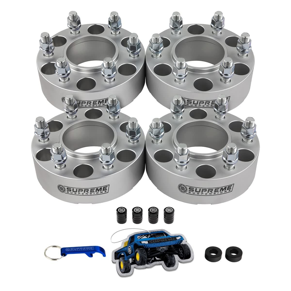 Supreme Suspensions - 4pc Set [Silver] 2" Hub Centric Wheel Spacers Kit for 2005-2023 Nissan Frontier Pathfinder Xterra - 6x114.3mm Bolt Pattern / M12x1.25 Studs - 4 Valve Caps Included