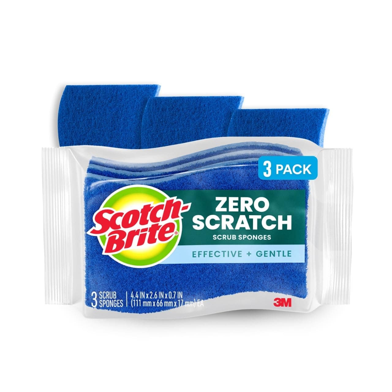 Scotch-Brite Zero Scratch Scrub Sponge, 3 Kitchen Sponges for Cleaning Around the Home, Bathroom & More, Effective + Gentle Dish Scrubber, Best for Nonstick Pots and Pans, Safe on Most Surfaces
