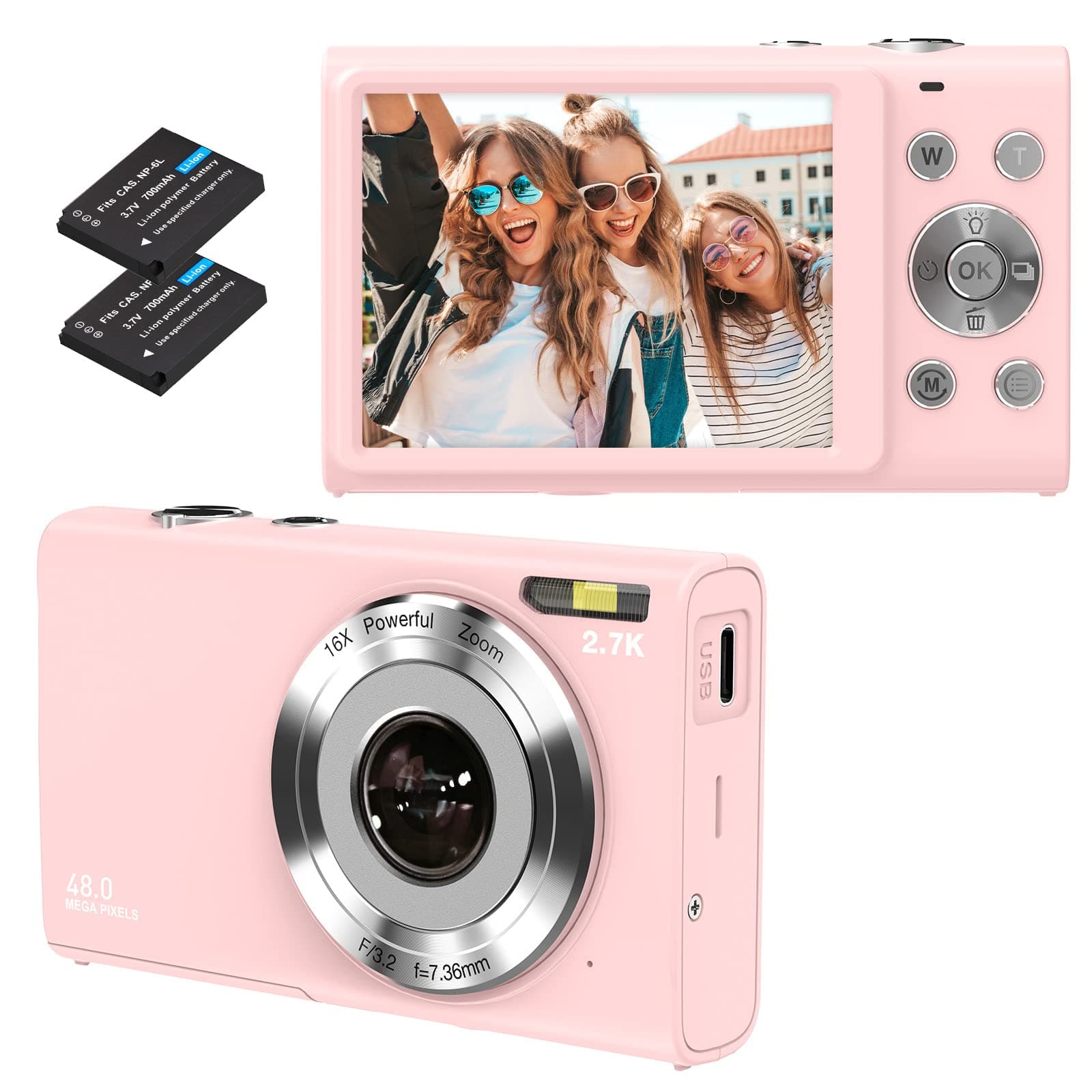 Digital Camera, Autofocus Vlogging Camera HD 2.7K 48MP with 2.8" Large Screen, 16X Digital Zoom, Portable Mini Camera for Photography, Youtube Vlogging Camera for Kids,Adult,Beginners(Pink)
