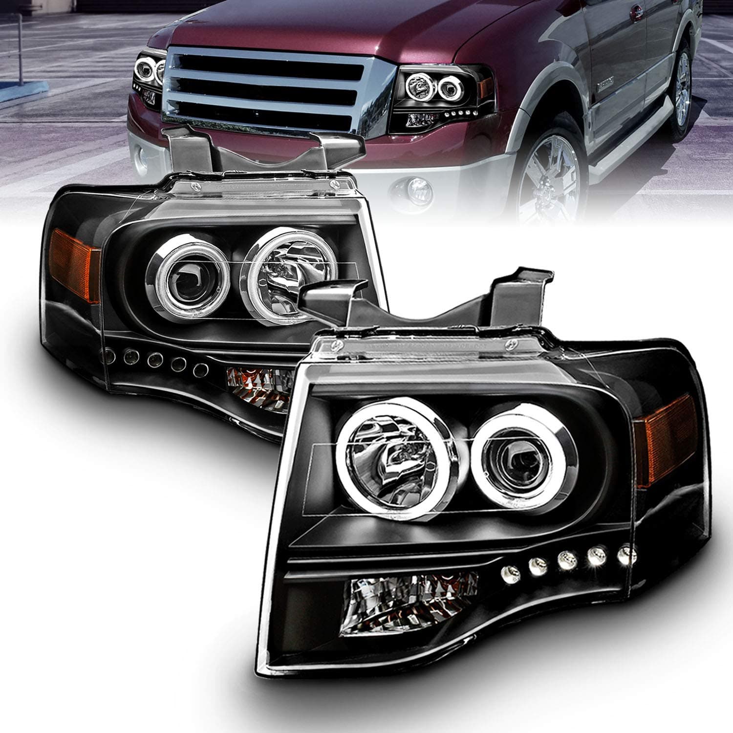 AmeriLite Black Xtreme LED Halos Projector Headlights for 2007-2014 Ford Expedition - Passenger and Driver Side