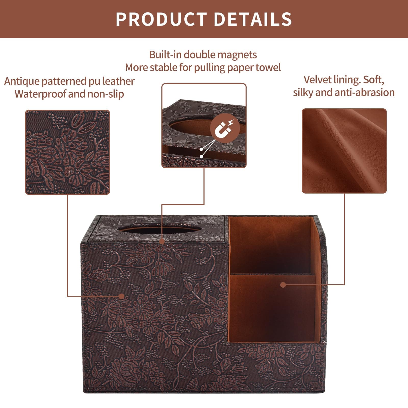 PU Leather Square Tissue Box Cover - Multi-Functional Tissue Box Holder with 2 Side Organizer,Tissue and Remote Control Holder, Decorative Cube Tissue Box,Suitable for Home Office Hotels,Retro