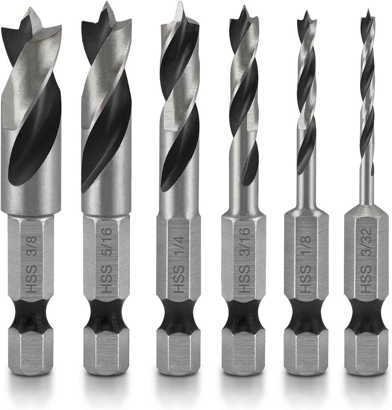 11401A 6 Piece Brad Point Drill Bit Set, Stubby Drill Bit Set for Wood, 1/4" Quick Change Hex Shank, HSS 4241 High Speed Steel for Quick Change Chucks and Drives, Drill Bit Holder Included