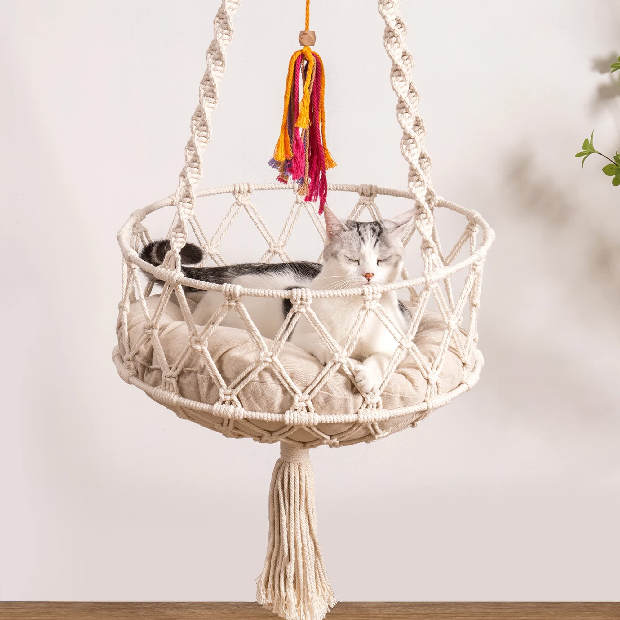 MEWOOFUNHanging Macrame Cat Hammock Bed, Space Saving Window Perch with Cotton Mat for Indoor Cats